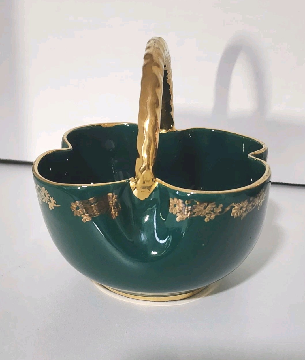 Dark Green Porcelain Basket Signed by Alfredo Santarelli, Gualdo Tadino, Italy