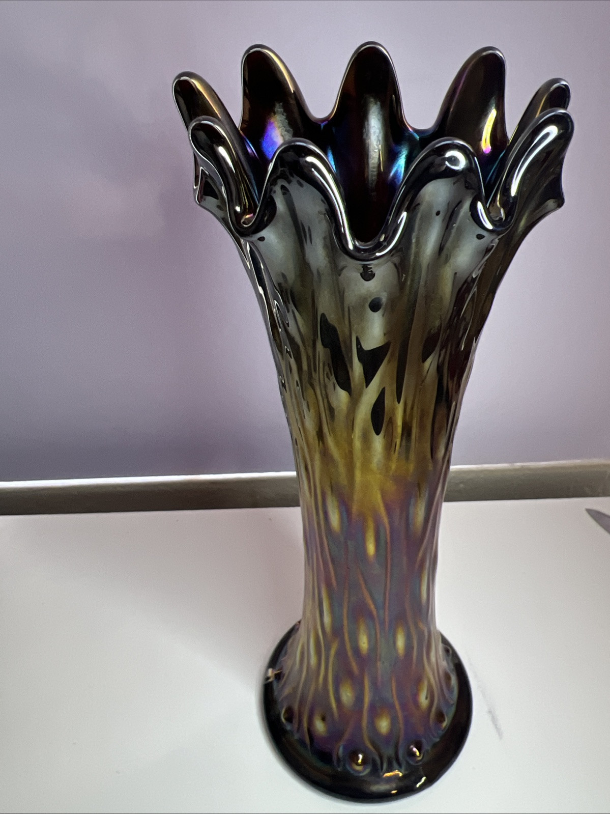 Beautiful Northwood Cobalt Amethyst Tree Trunk Iridescent Carnival Glass Vase