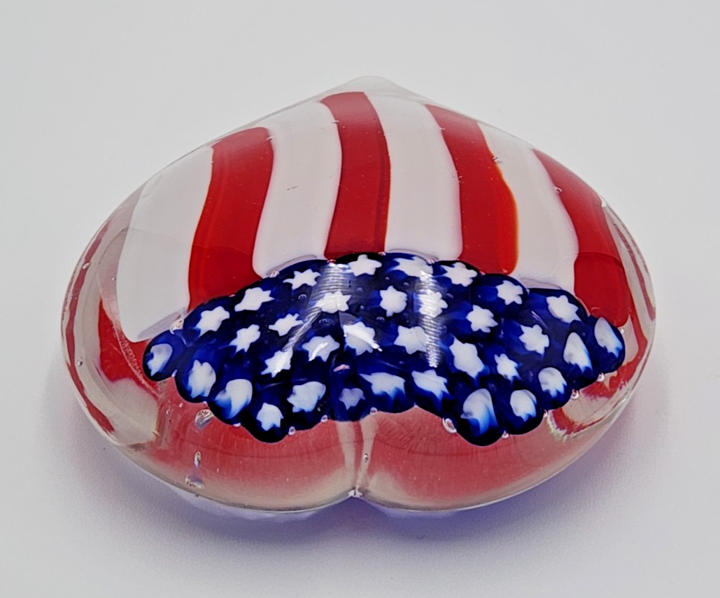 Vintage Art Glass Heart Shaped American Flag Paperweight Americana Handblown USA