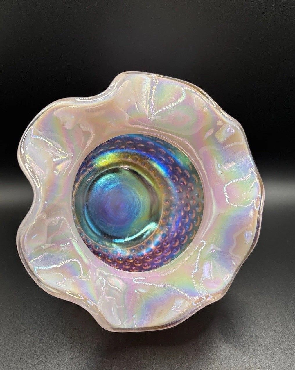 Fenton Vintage Opalescent Pink Basket Vase Dish W/Ruffled Edges 5”