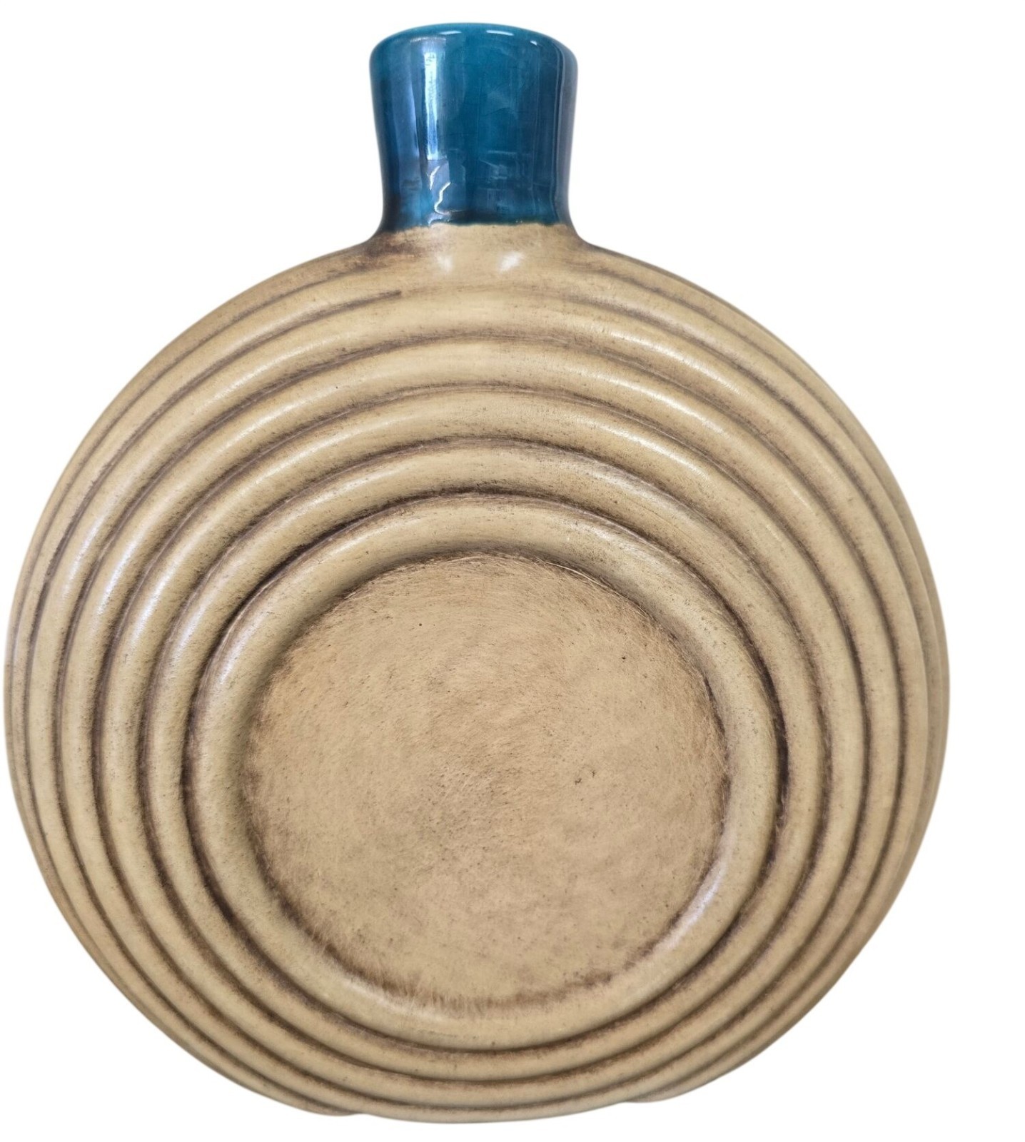Round Ribbed Ceramic Vase Teal Blue Glaze Neck Eagle Beige Flask