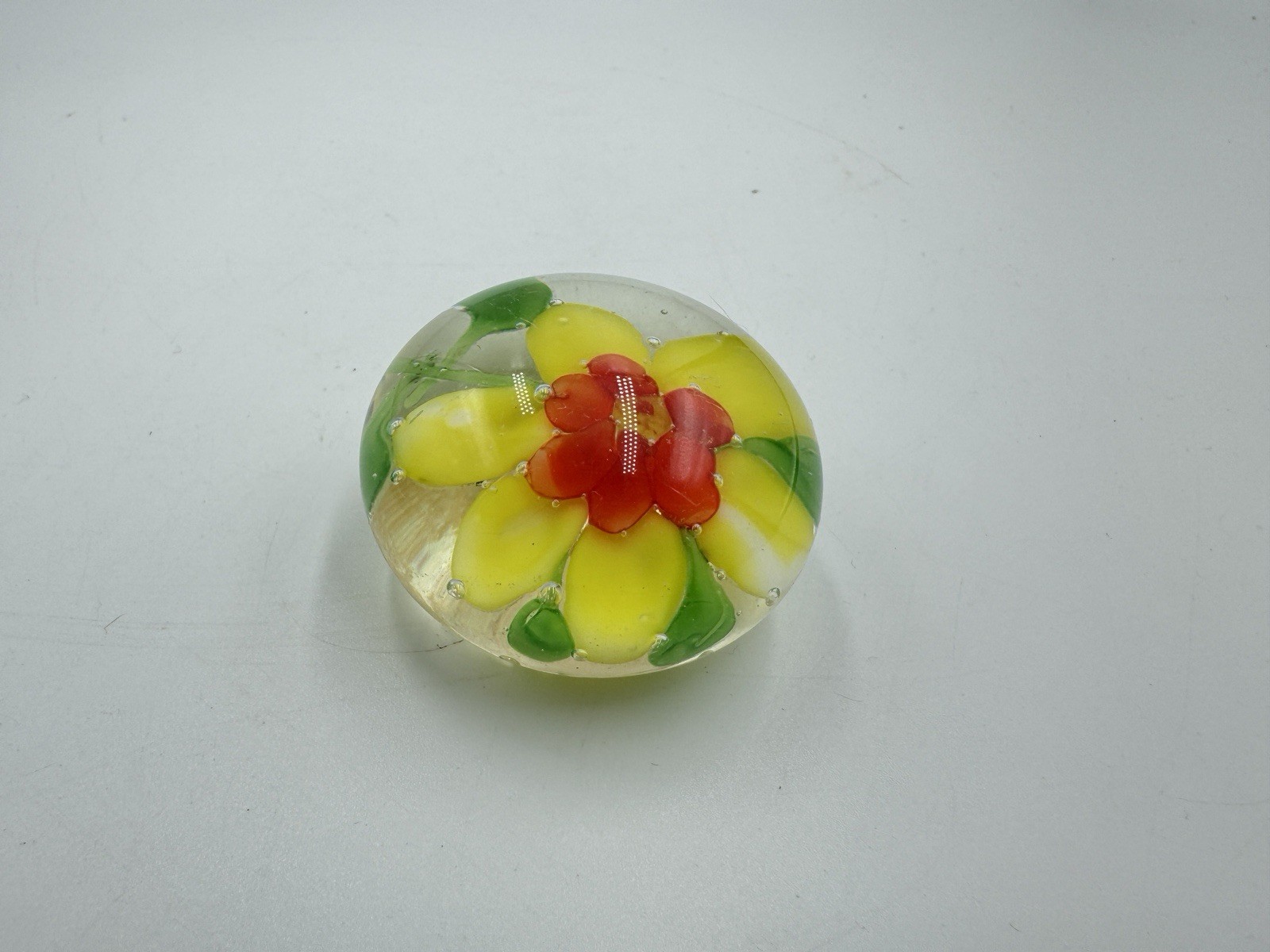 Vintage Orange Yellow Green Flower In Glass Paperweight Art Glass Decorative