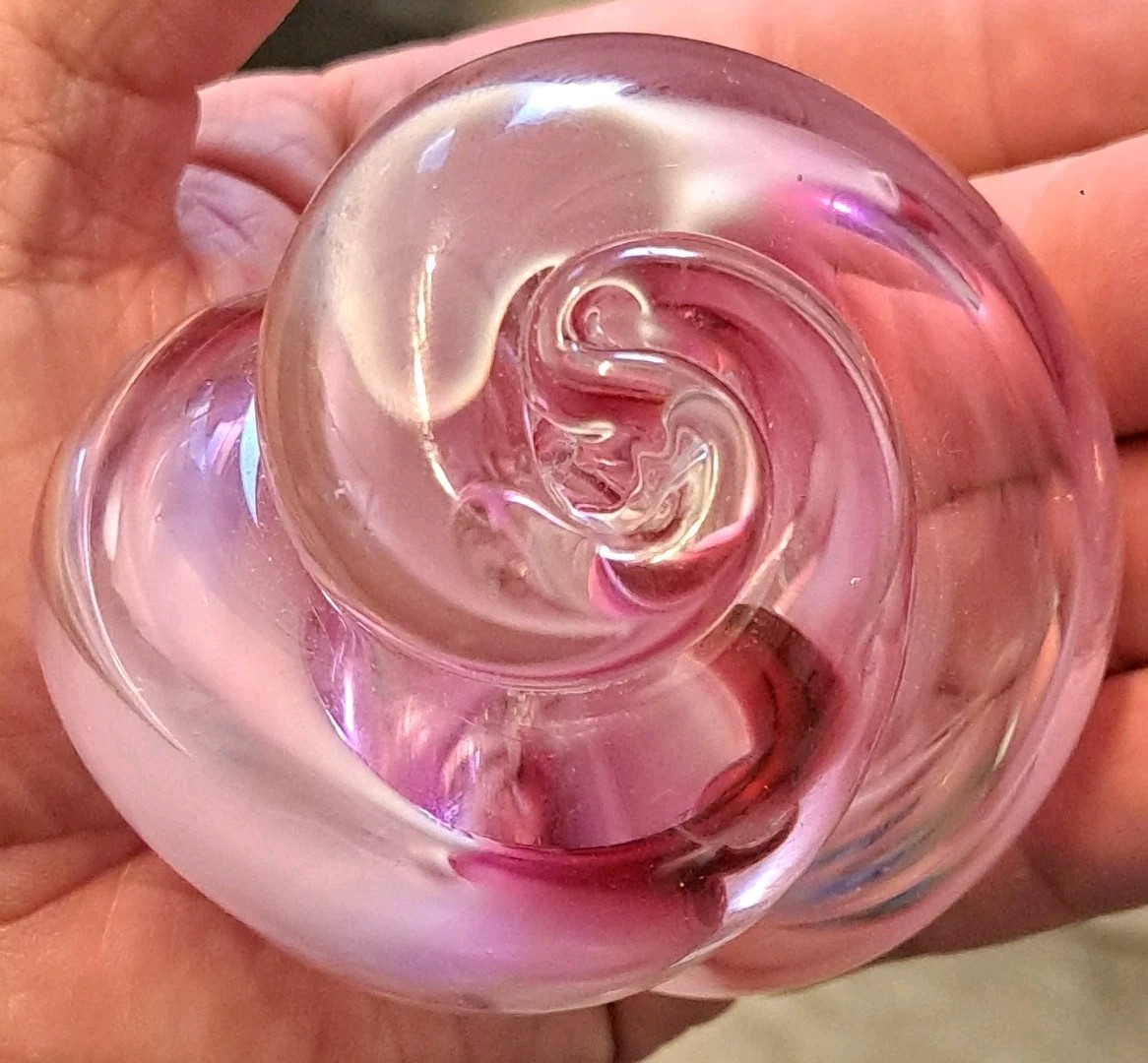 Pink Purple Clear Art Glass Paperweight Nautilus Shell Swirl 3 1/4” Signed