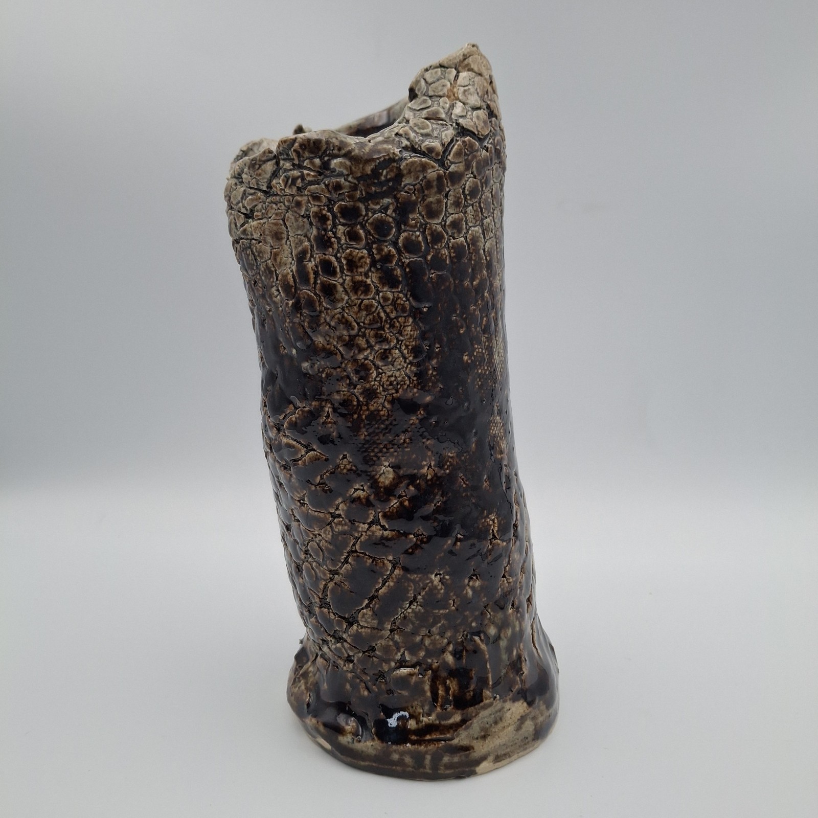 Handcrafted Studio Art Brown Scales Textured Glazed Leaning Pottery 9″ Vase