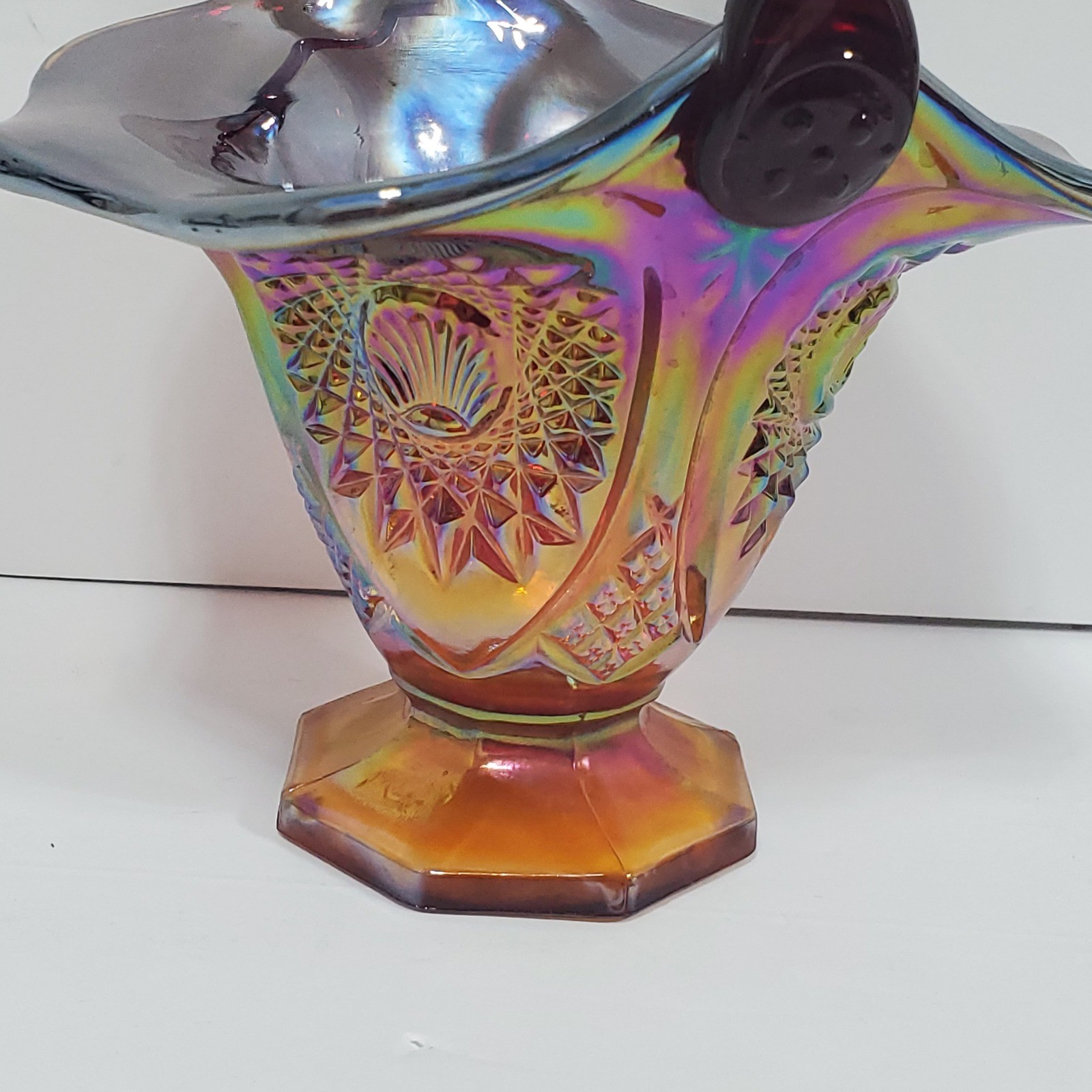 Vintage Carnival Glass Basket Amberina Red Iridescent Ruffled Starburst 10.5 in