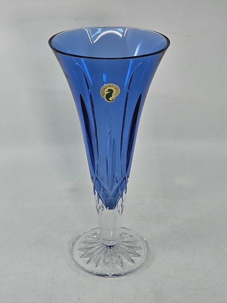 Waterford Crystal Lismore Sapphire Blue Flared Footed Vase 9” w/ Label No Box