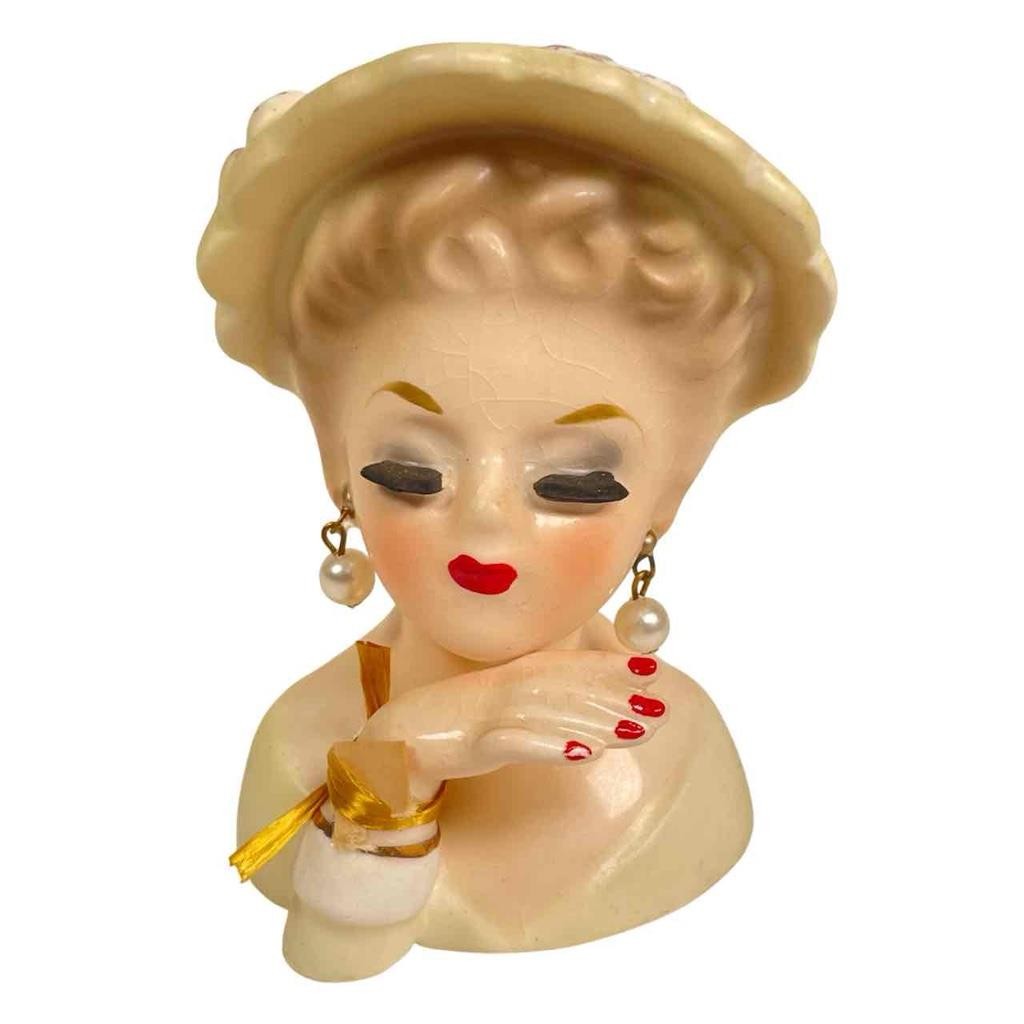 Vintage 1963 E-774 Ceramic Inarco MIJ Lady Head Thank You Vase With Earrings – J