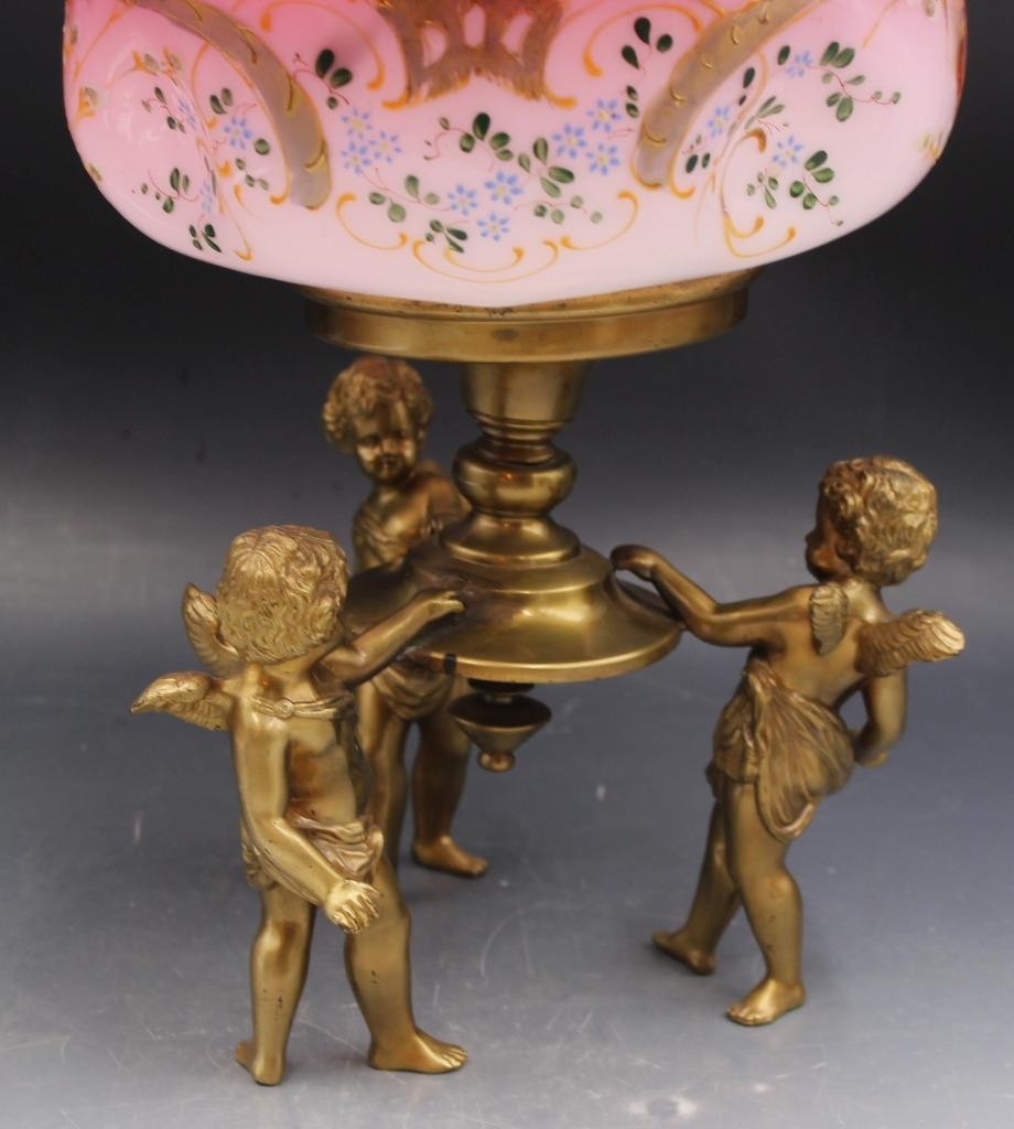 Ornate 19C Victorian Cased Pink Glass Brides Basket Bowl Centerpiece w/ Cherubs