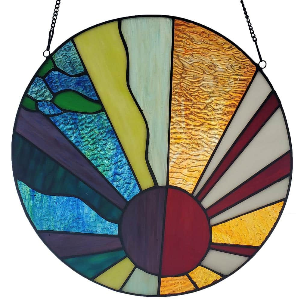 Round Window Panel Multi-Colored Earth Elements Stained Glass Decorative Chain