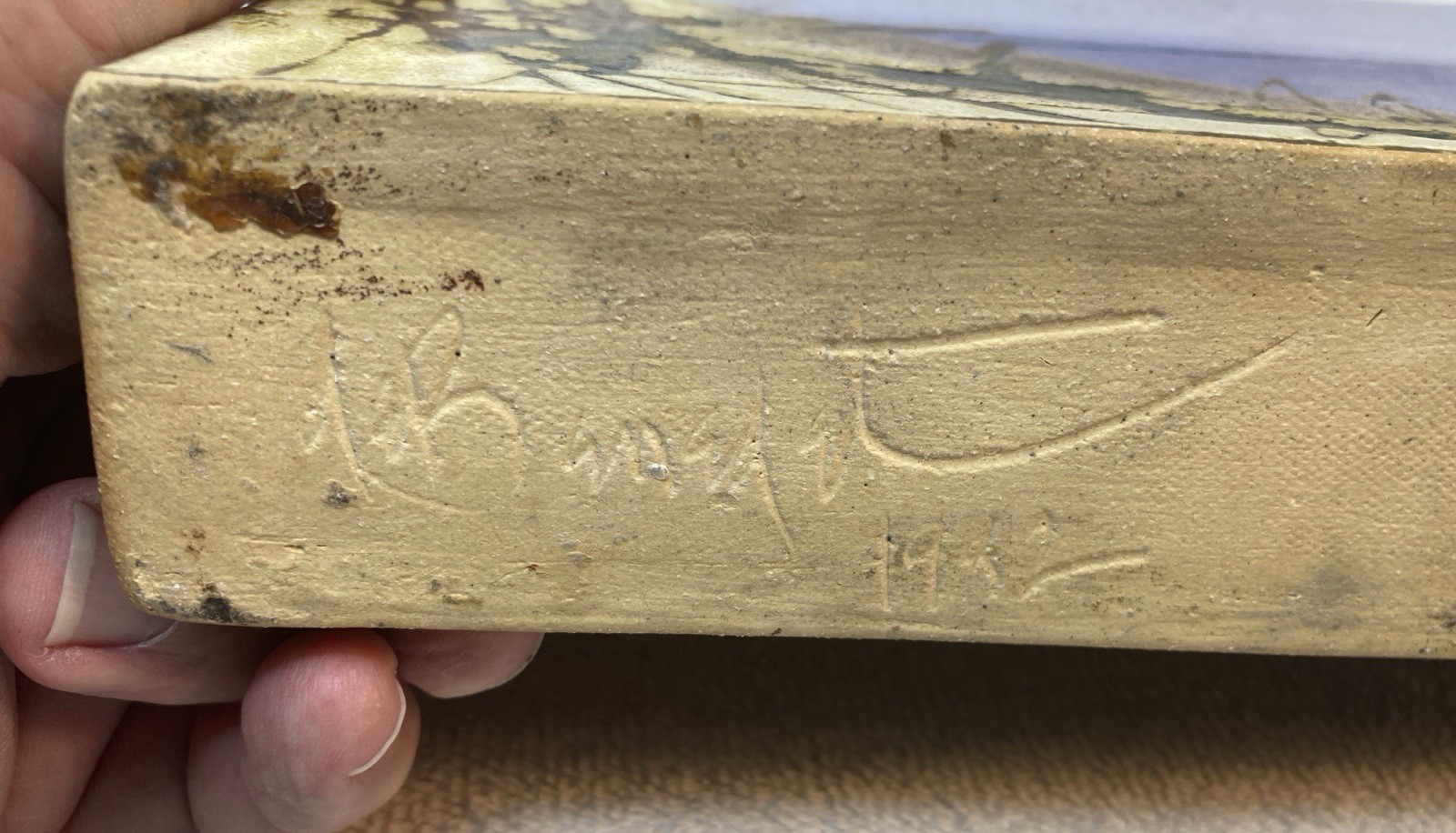 RARE! MCM Signed But Illegible 1962 Studio Ceramic Slab Vase With Seascape Motif