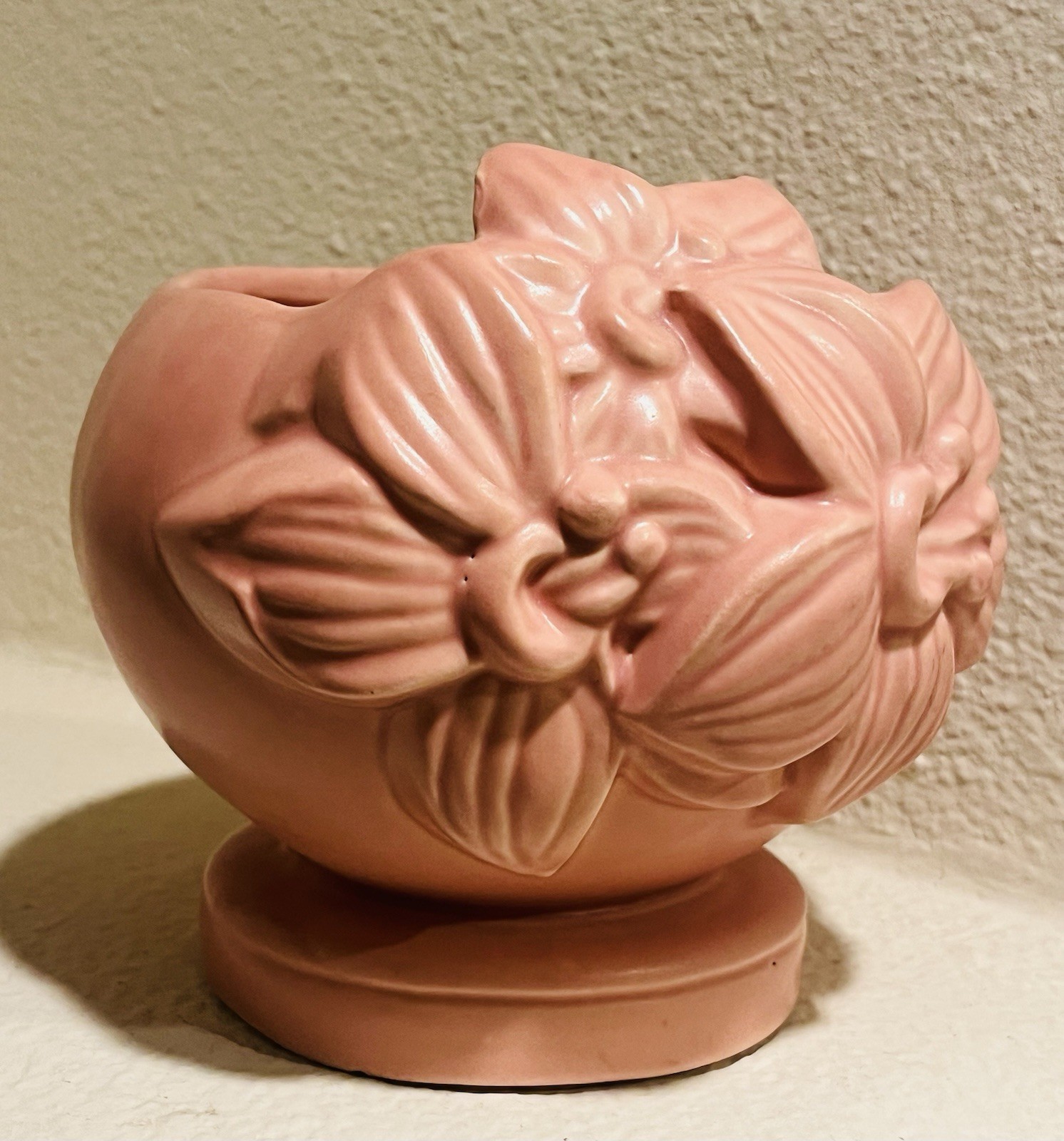 Vintage Haeger Pottery Pink Pedestal Vase, Embossed Lillies, Art Deco Style