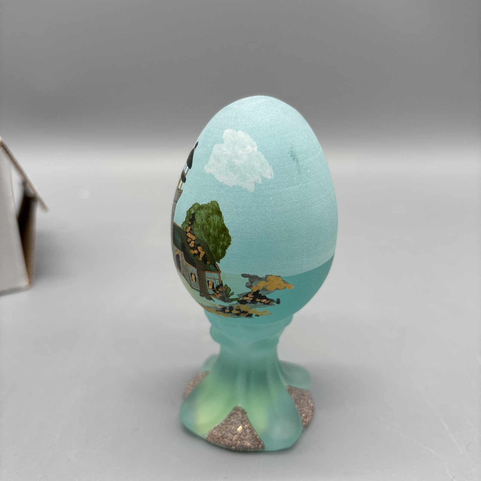 FENTON ART GLASS 1999 LIGHTHOUSE ON AQUAMARINE SATIN PEDESTAL EGG LE #598/3000
