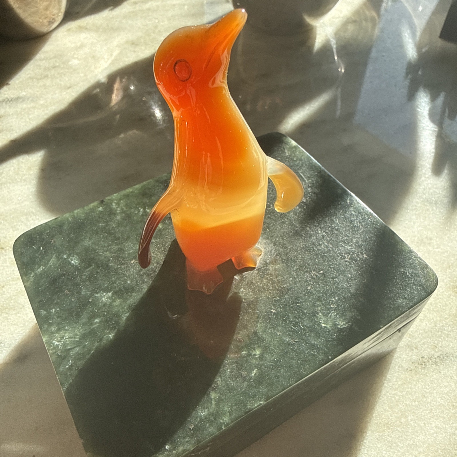 Edward Farmer Attrib Nephrite Jade Box Carnelian Penguin Art Deco NY c.1920