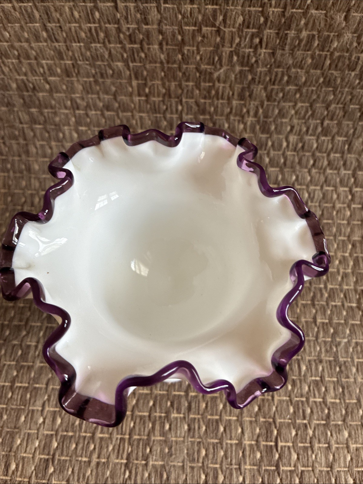 Fenton Art Glass Signed Amethyst Purple Crest Violets in Snow Footed 6” Compote
