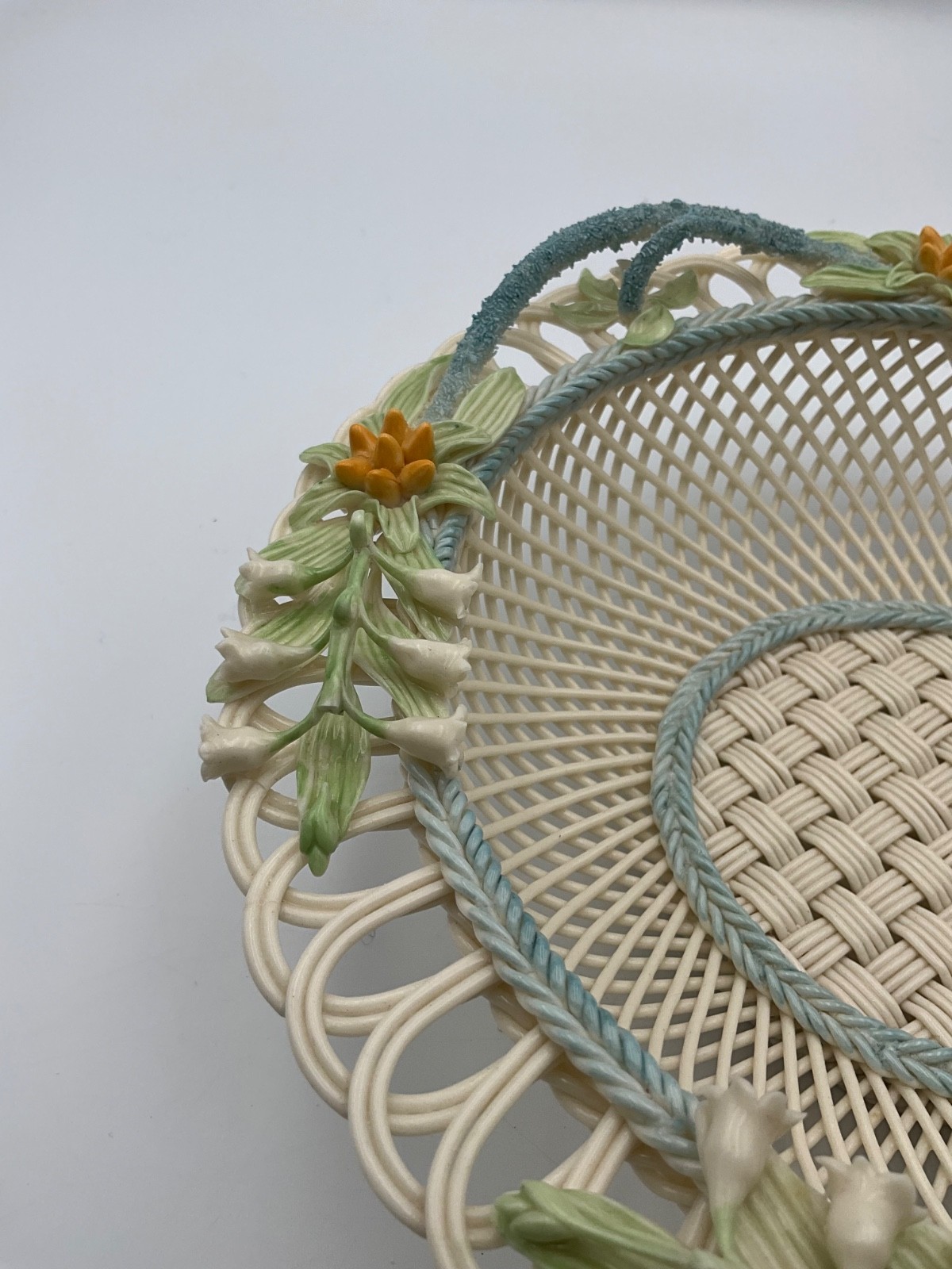 Belleek Lily of the Valley 9″ Basketweave Dish Bowl Ireland Porcelain