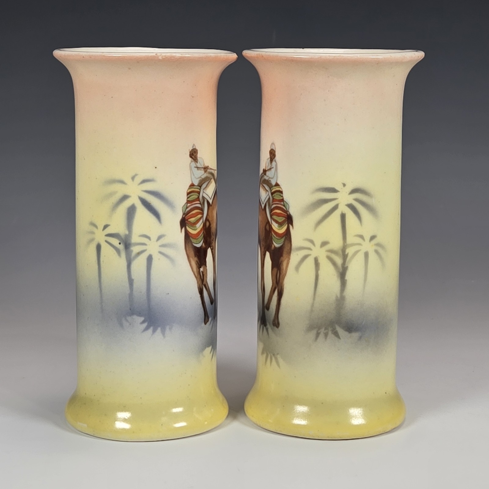 Czech Pottery Bud Vases Desert Scene Camels Hand Painted Porcelain Antique 1920s