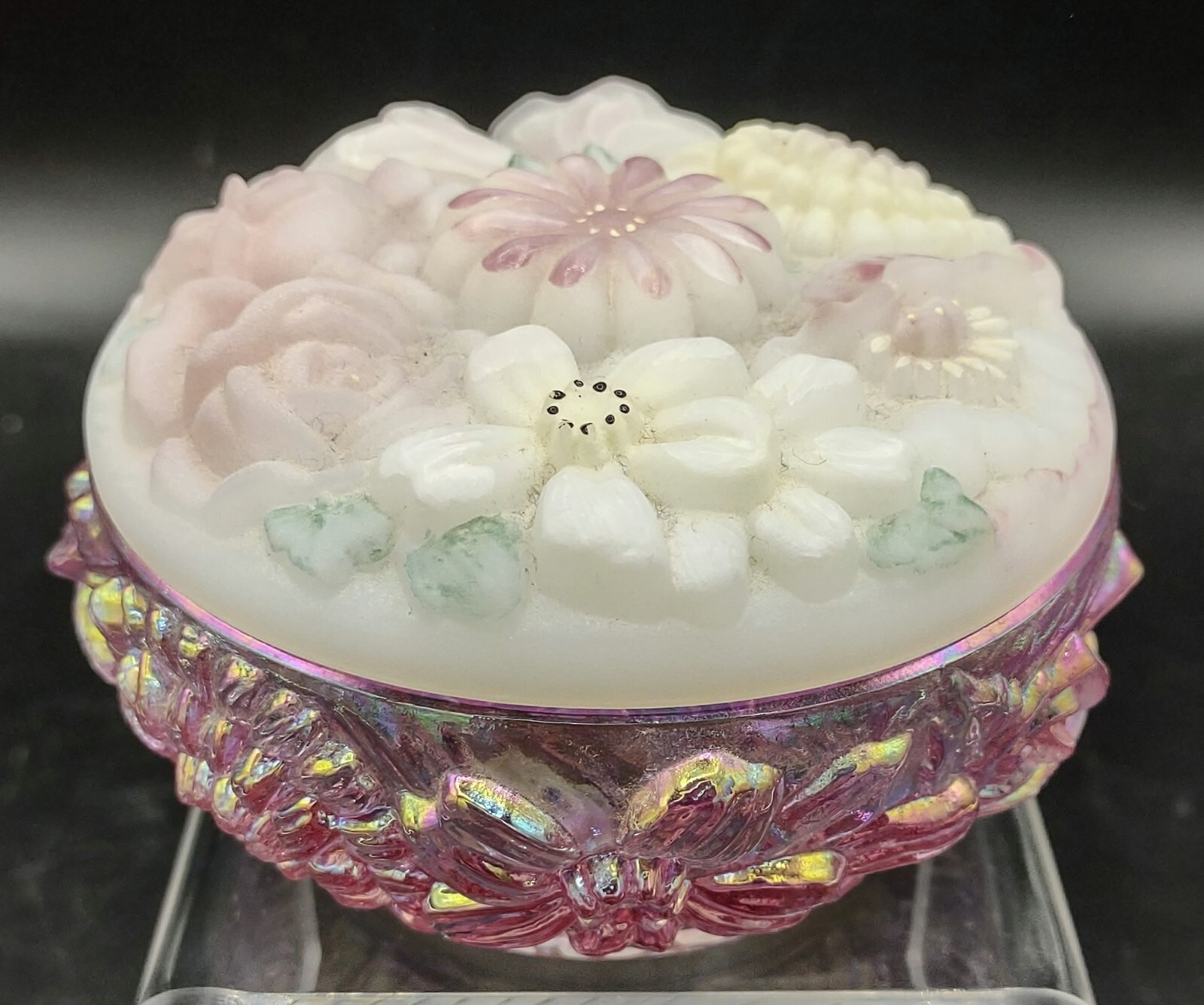 Fenton Art Nouveau Satin Glass Lid Handpaint Signed Dresser Vanity Jar/Box 4″