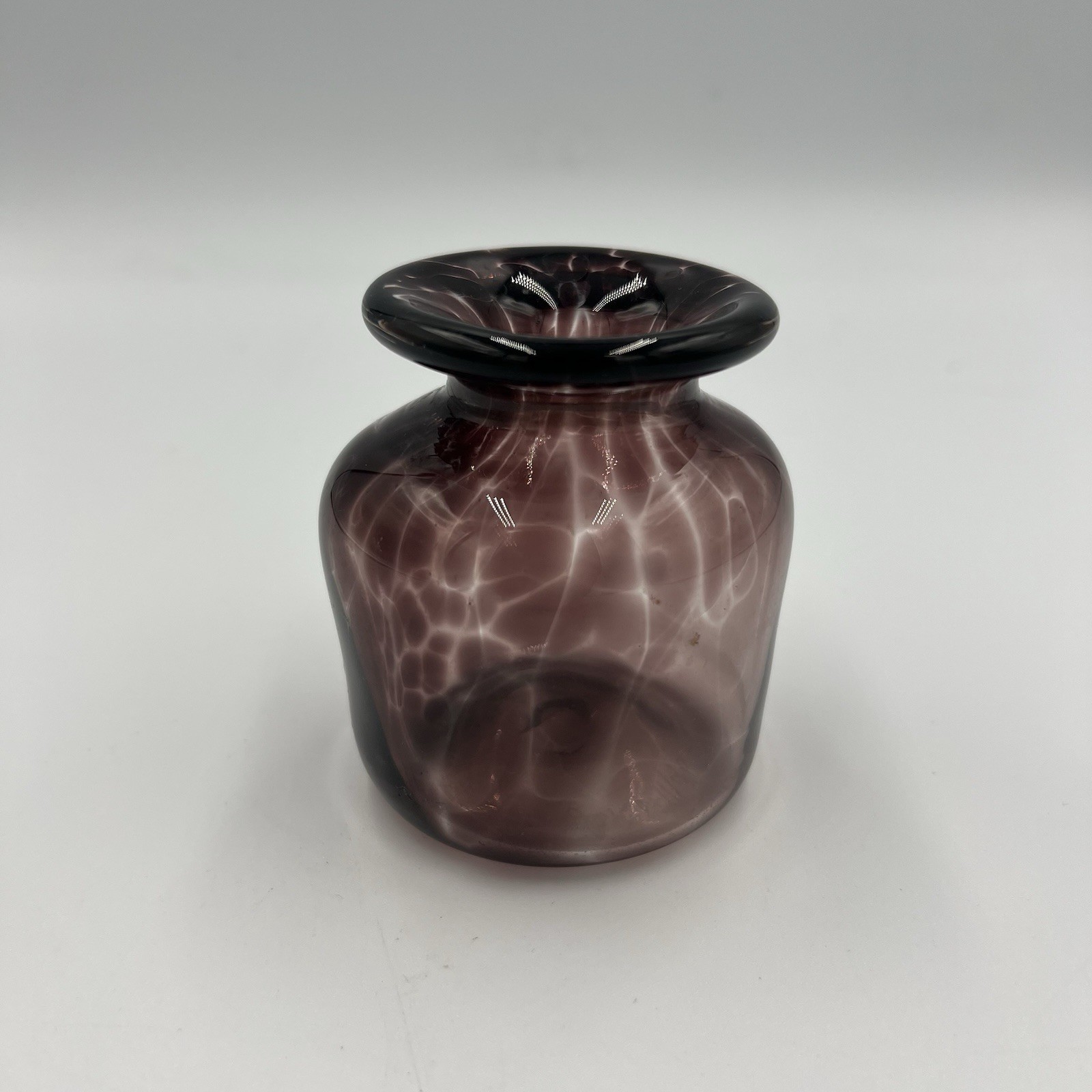Amethyst Purple Pulled Feather 3.75” Studio Art Glass Vase | Signed Jensen 11/19