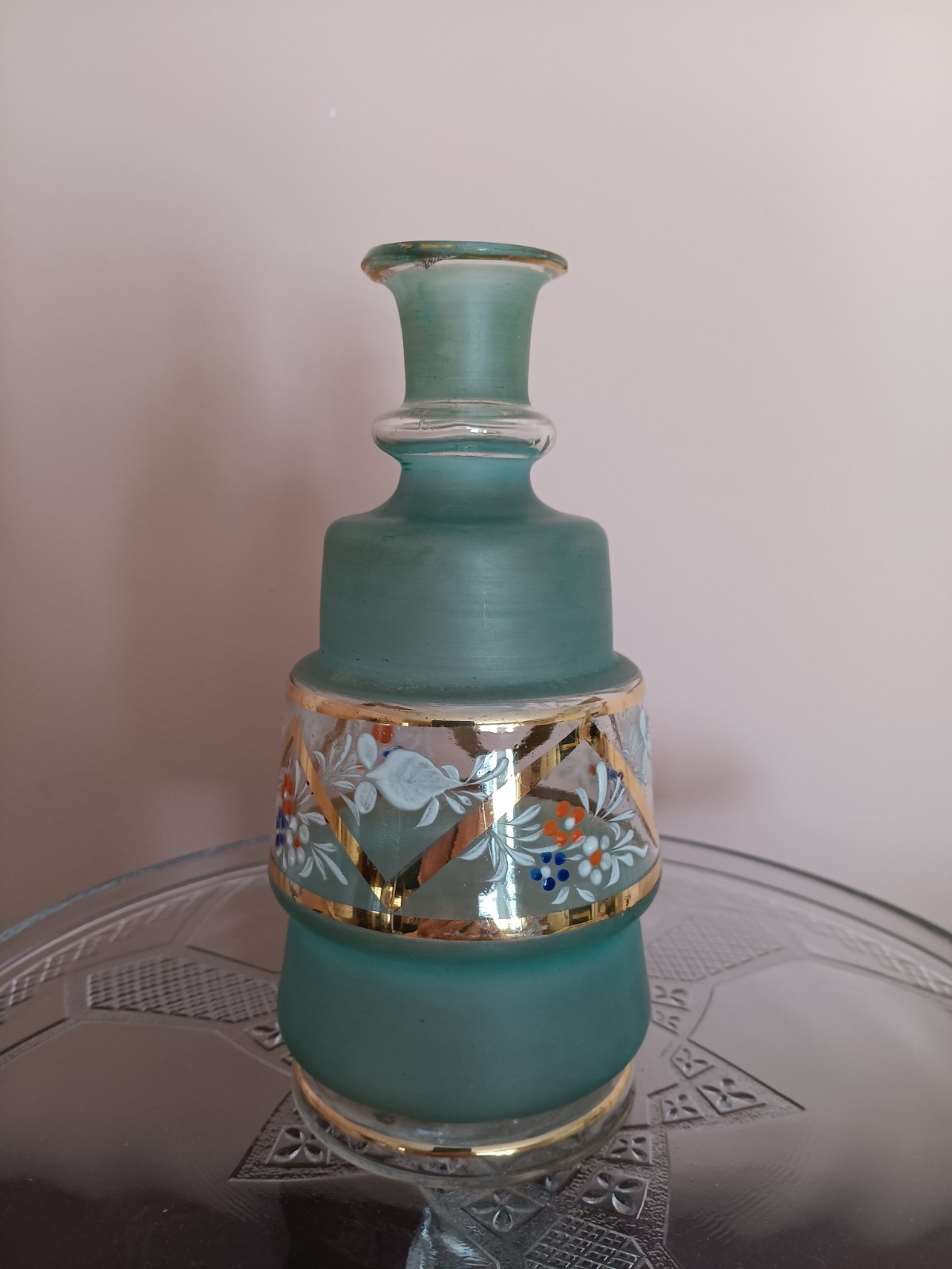 Antique Teal Blue Green OPALINE Victorian SATIN GLASS Hand Painted Vase