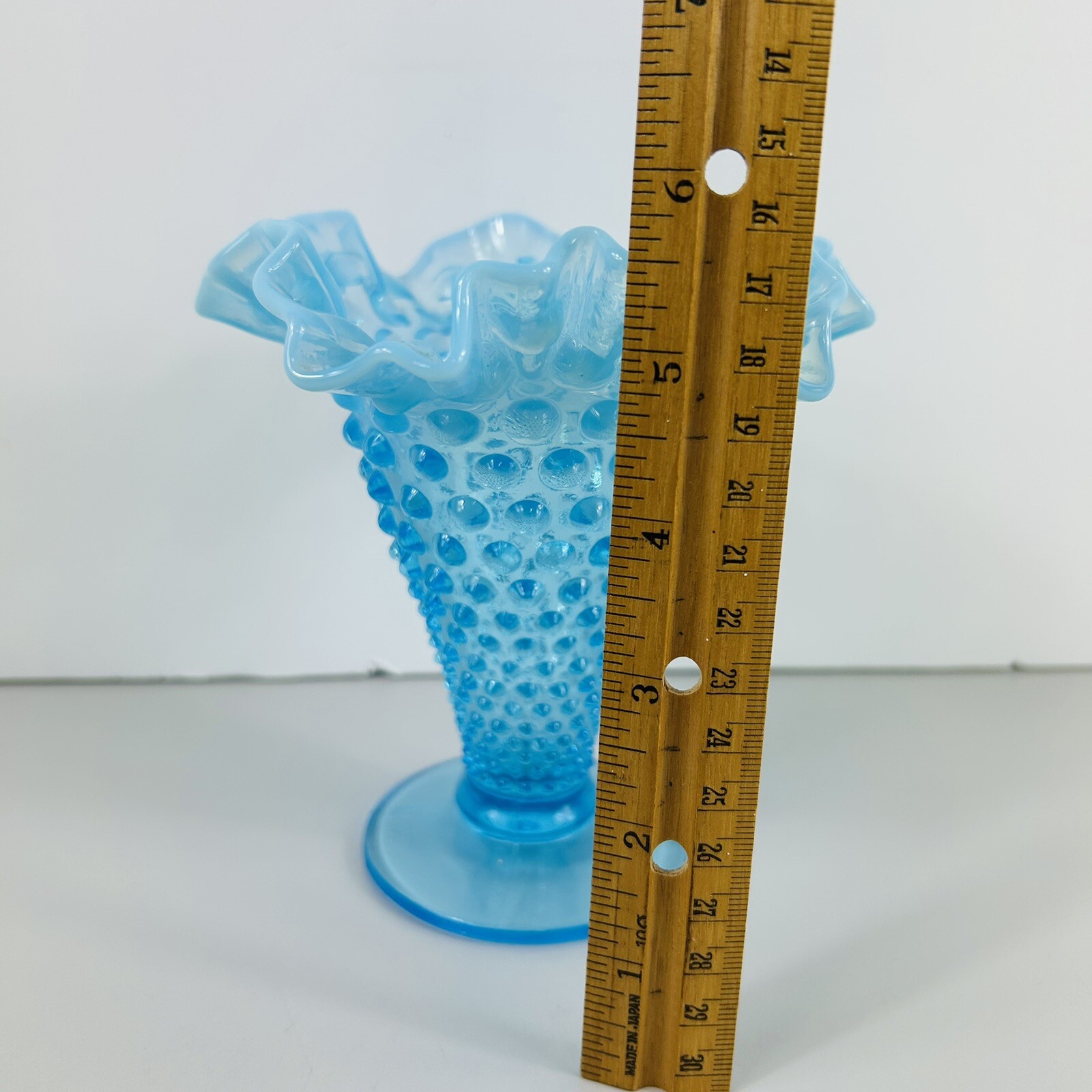 Vintage Opalescent Aqua Blue Glass Hobnail Vase Fluted Ruffled Edge Footed 5.75″