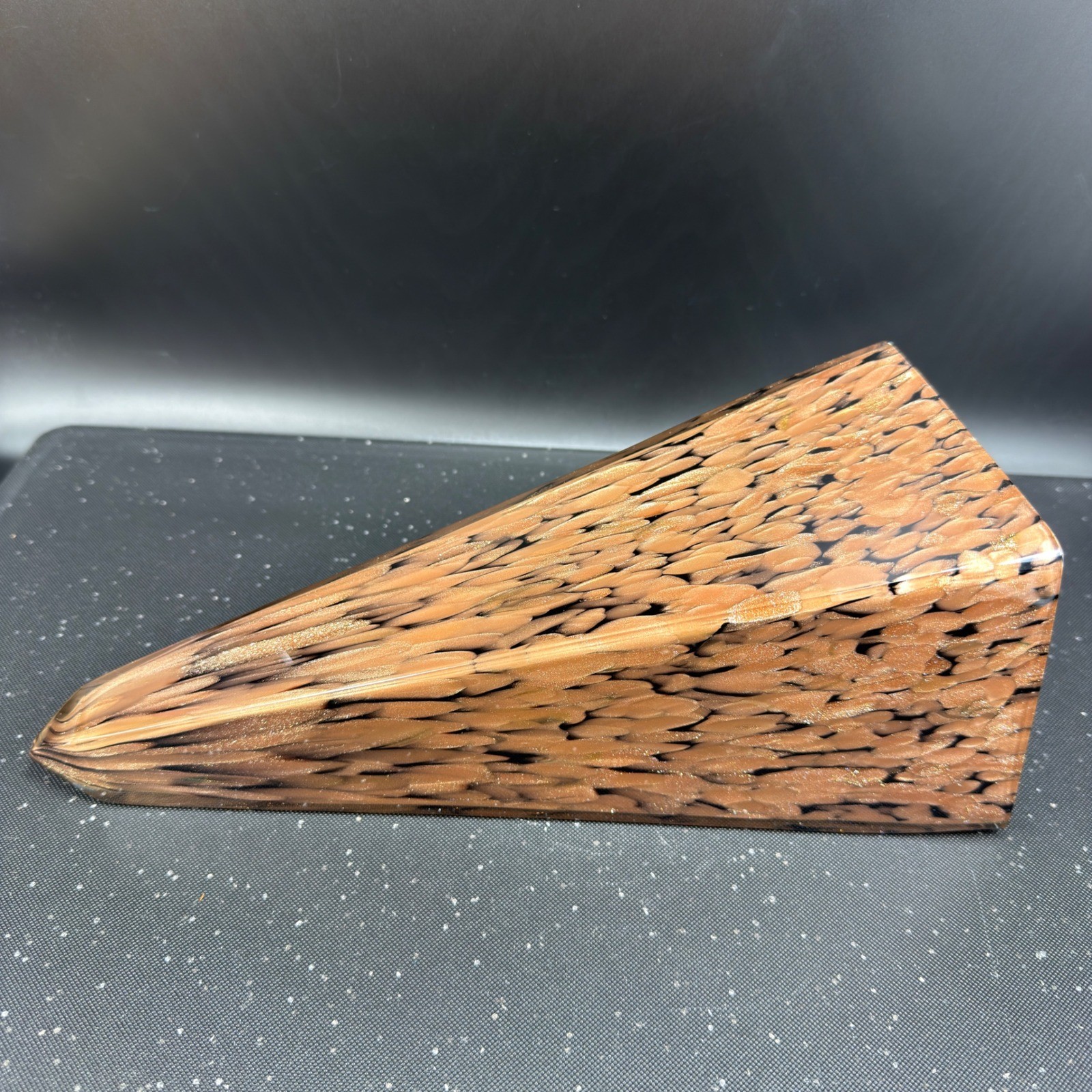 Art Glass Obelisk Paperweight Copper Glitter Black Swirl Heavy Pyramid 11.5 Inch