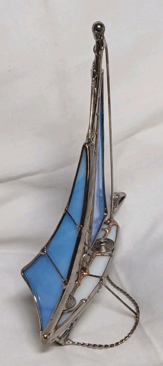 Sailboat Stained Glass And Wire Blue And Red Nautical Scultpture 6.5″ Vintage