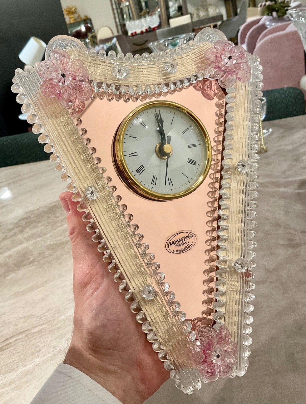 Flli Tosi Murano Glass Wall Clock Pink Millefiori Flowers Gold Bezel NOS Signed