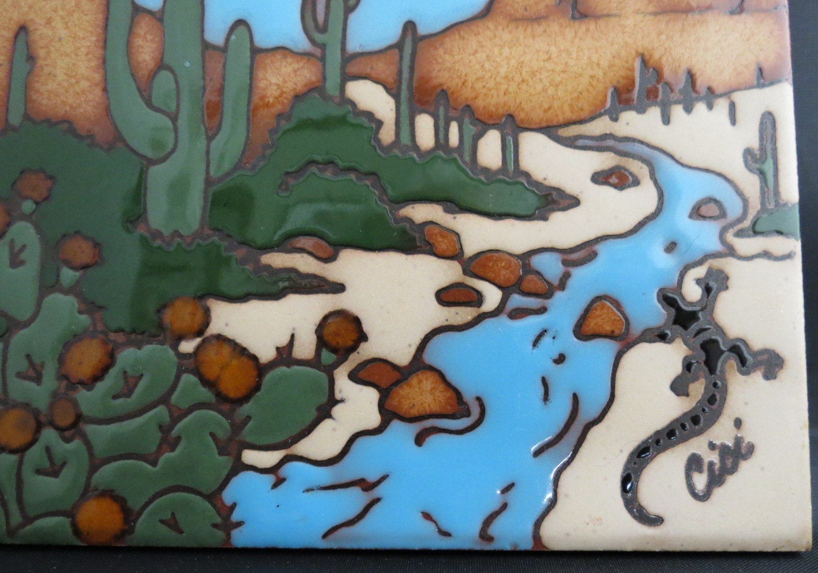 Vintage Earthtones Southwest Desert Scene Ceramic Tile Trivet 6×6″ Signed 1990