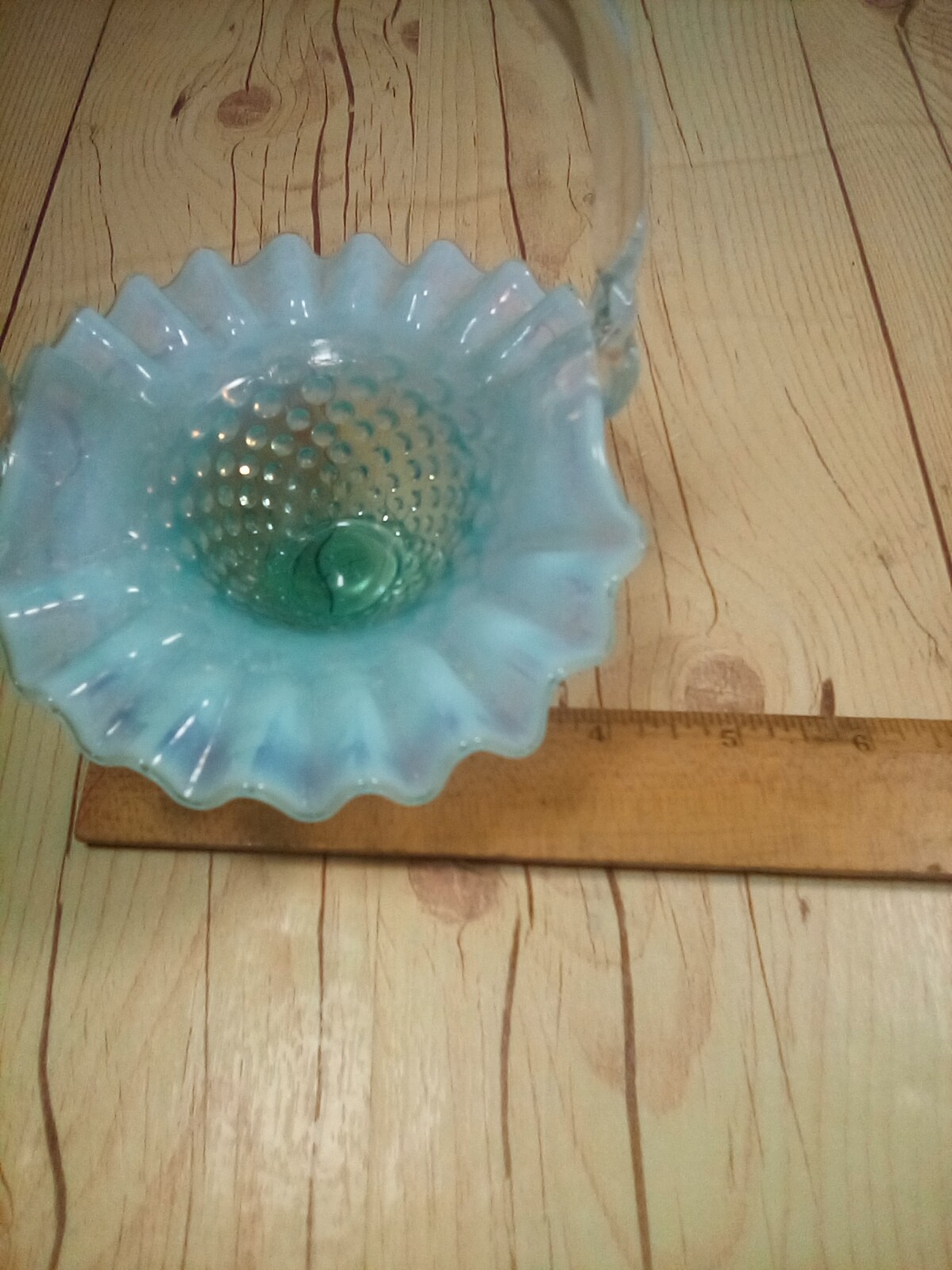 Vintage Small Fenton Aqua Blue Opalescent Hobnail Ruffled Glass Basket