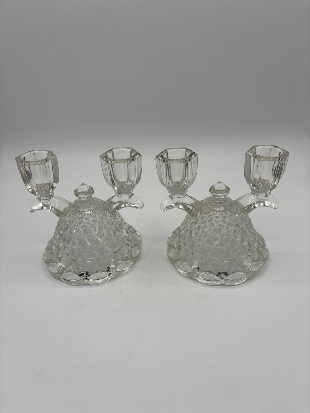 VTG Pair of Pressed glass Diamond Pattern Double Arm Candle Holders