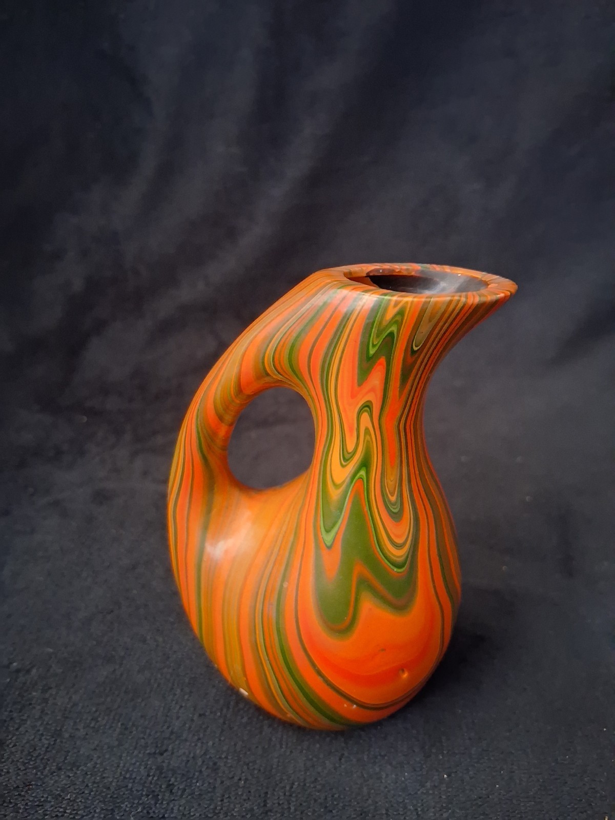Orange Green Black Swirl Art Glass Decorative Vase Glossy Finish 4in