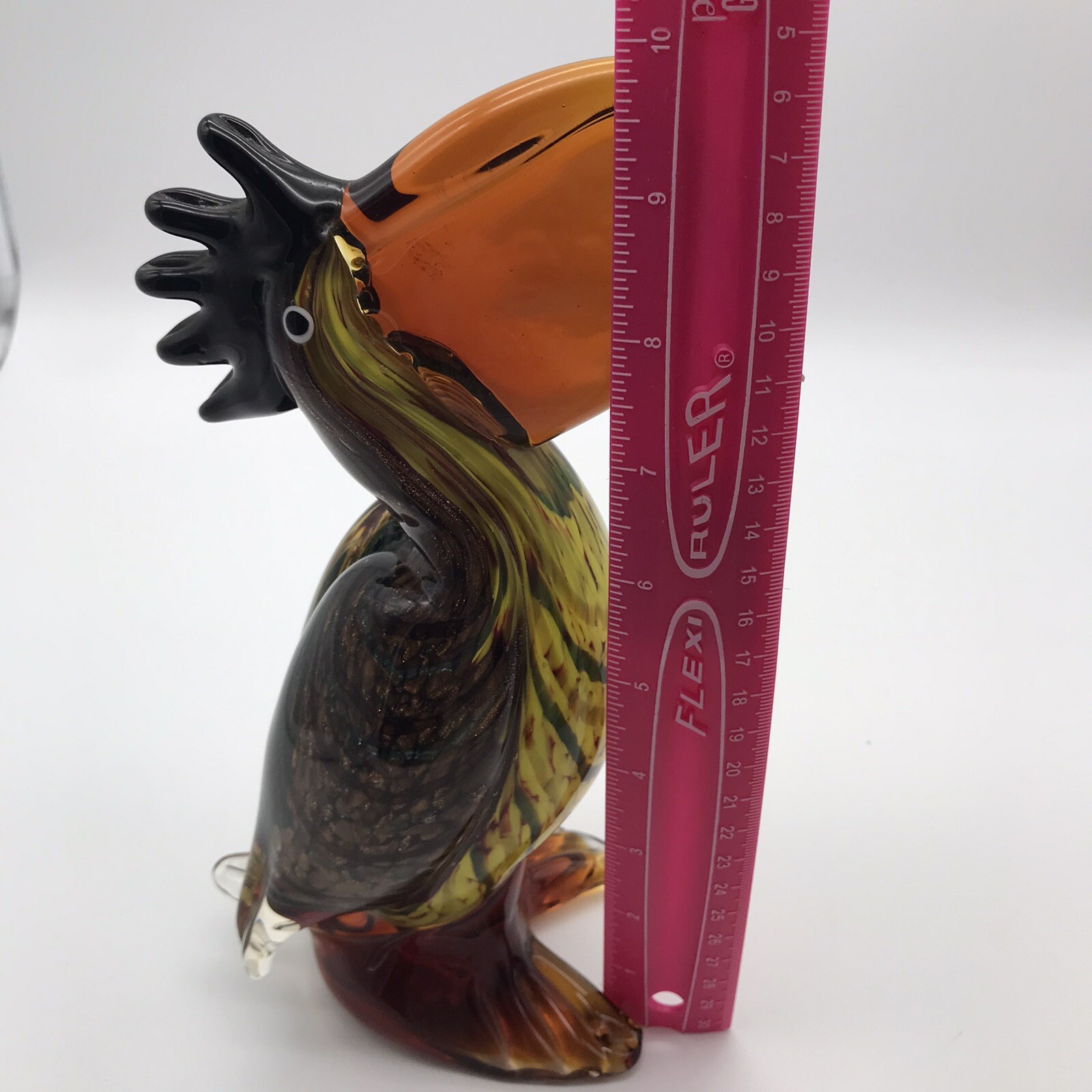 Art Glass Pelican Bird Animal Colored Flecks Green Yellow Amber Color Heavy READ