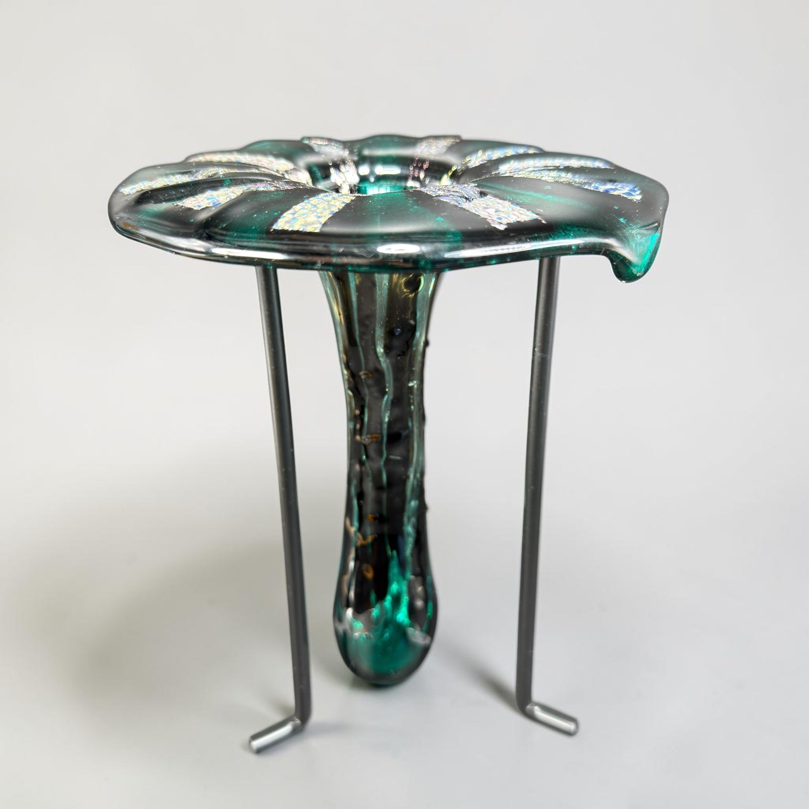 Art Glass Vase Green Dichroic Iridescent Hand Blown with Metal Stand Fused Glass