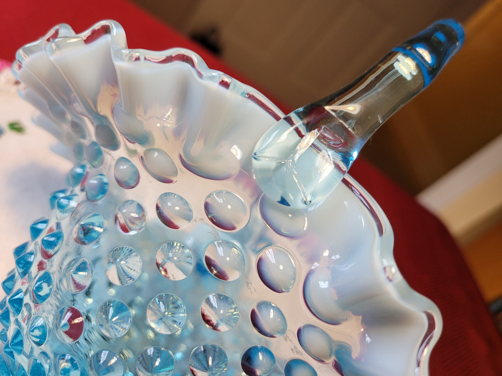Vintage FENTON No. 3837 *BLUE OPALESCENT HOBNAIL* Glass BASKET 1940-55 1959 1978
