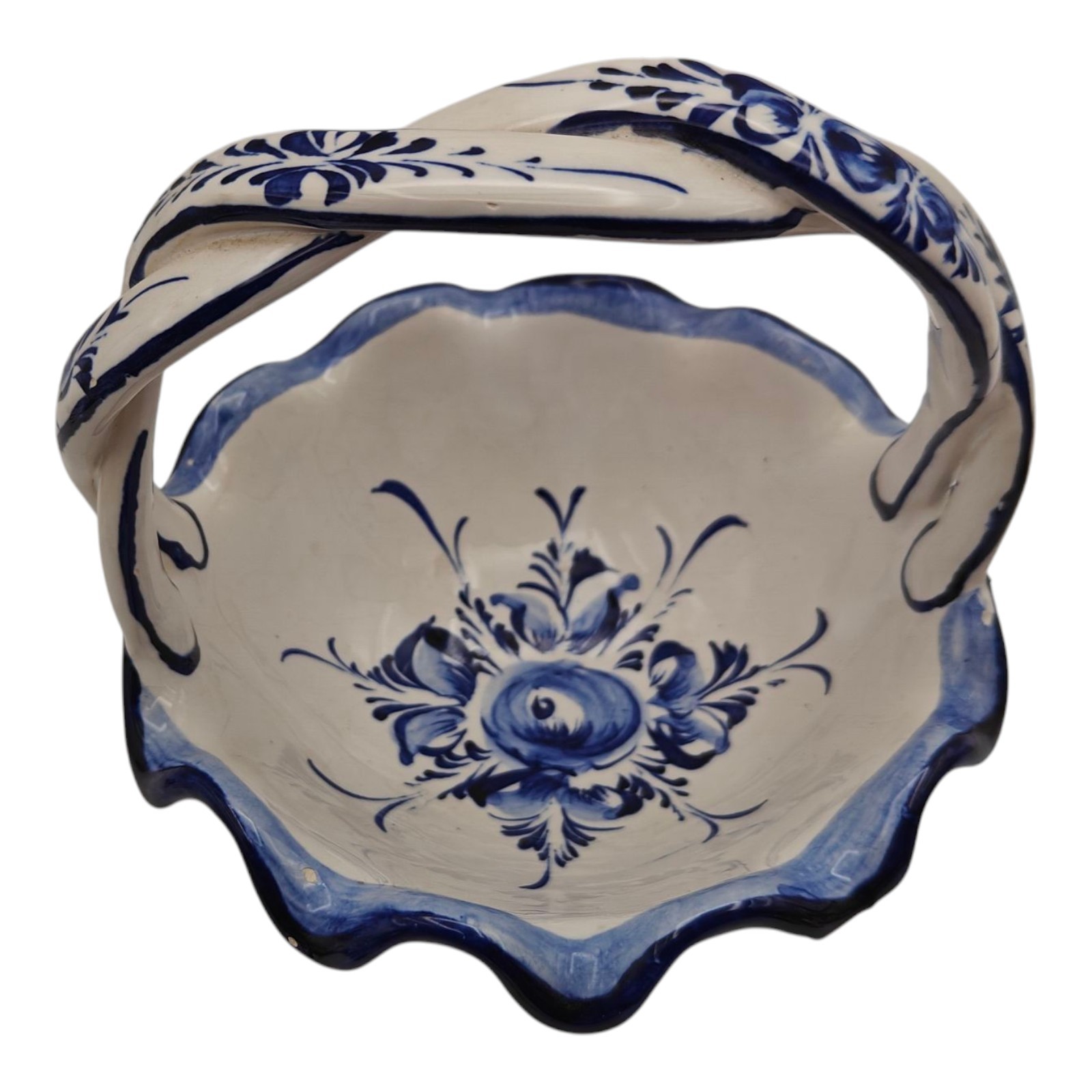 Hand Made Hand Painted Blue White Pottery Basket with Braided Handle Portugal