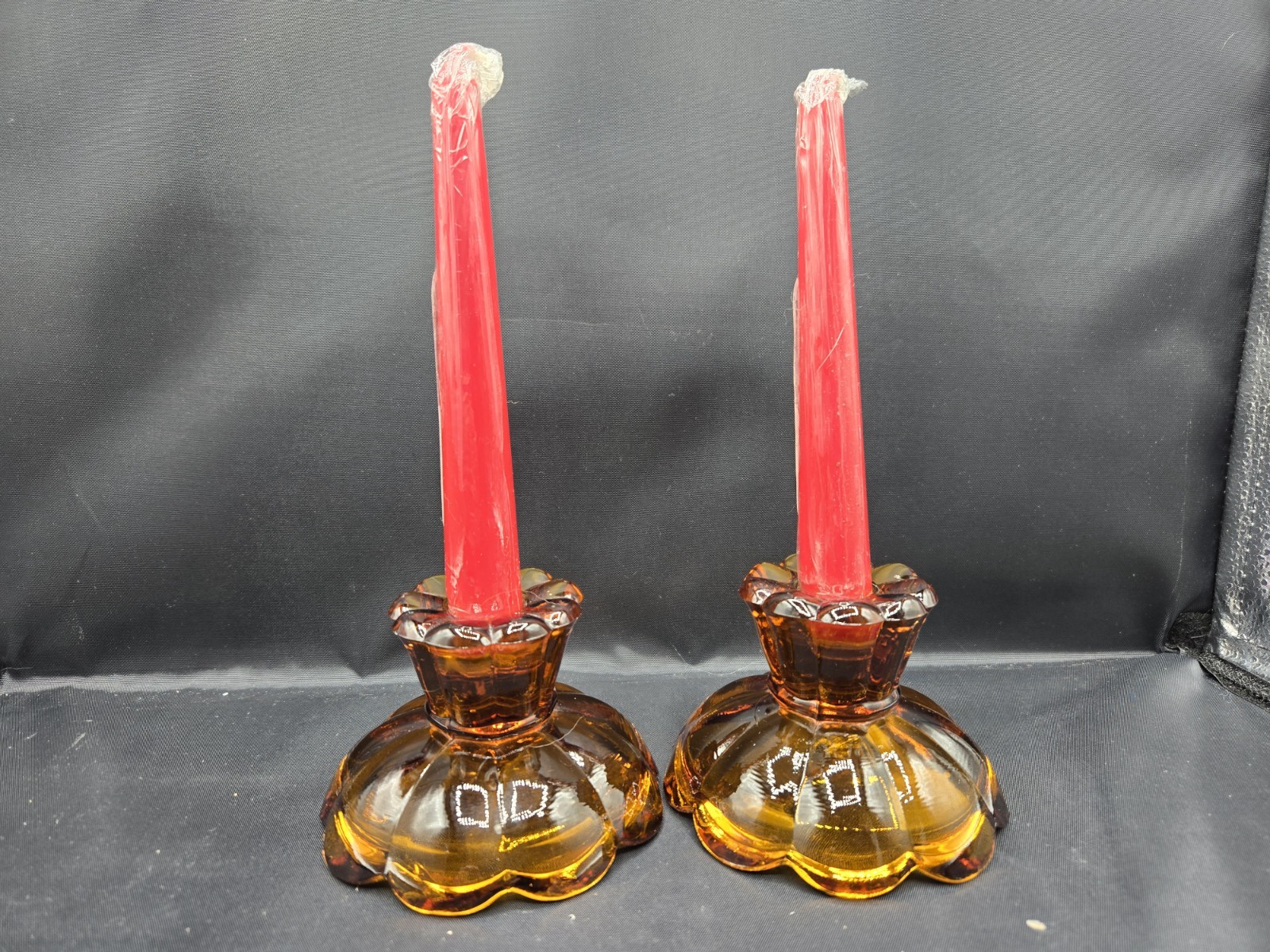 Vintage Amber Glass Candlestick Holders Dual Use Pair MCM