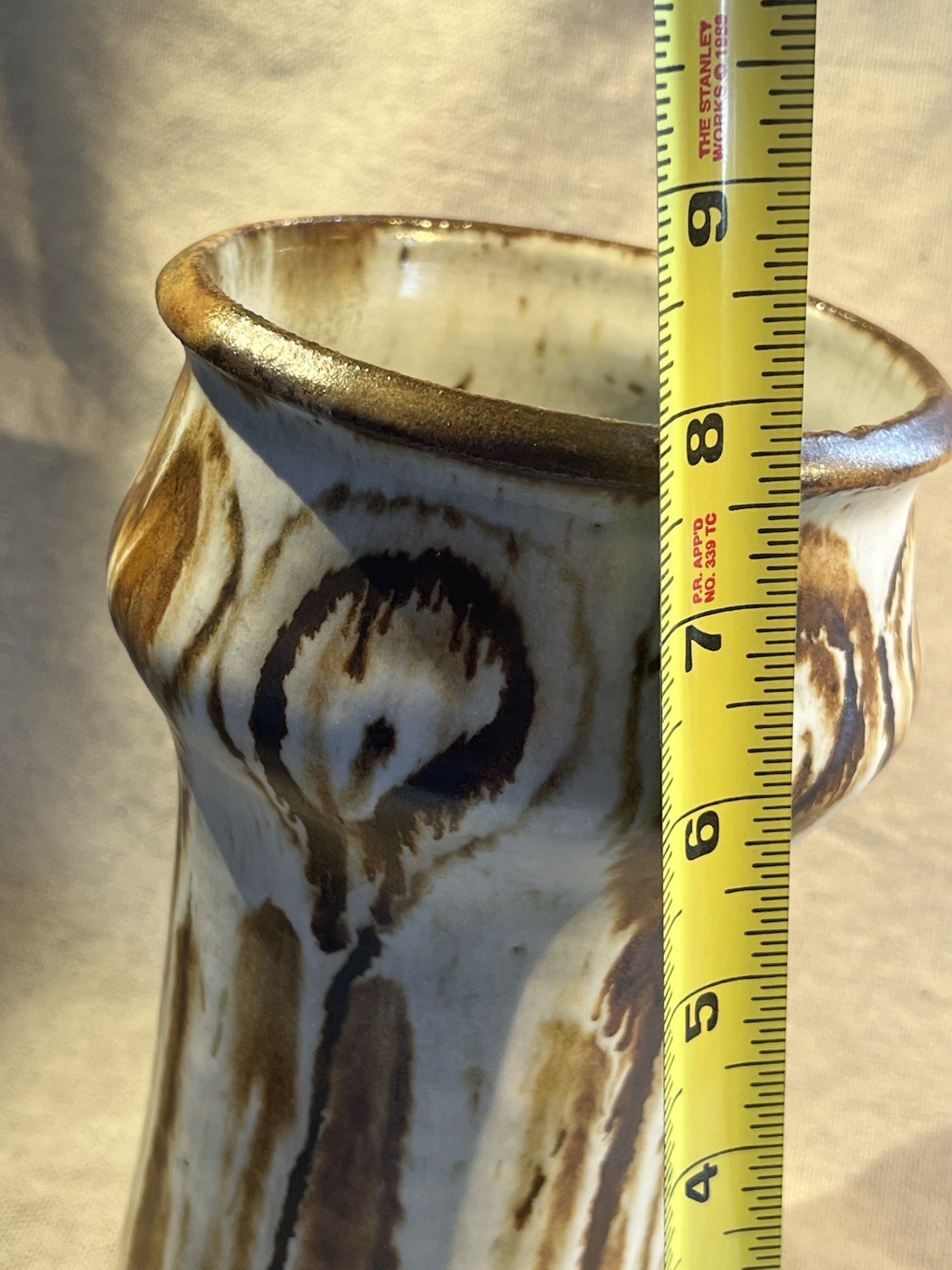 VTG Signed 1973 Studio Art Pottery Vase MCM Brown Drip Glaze Abstract Mod Shape