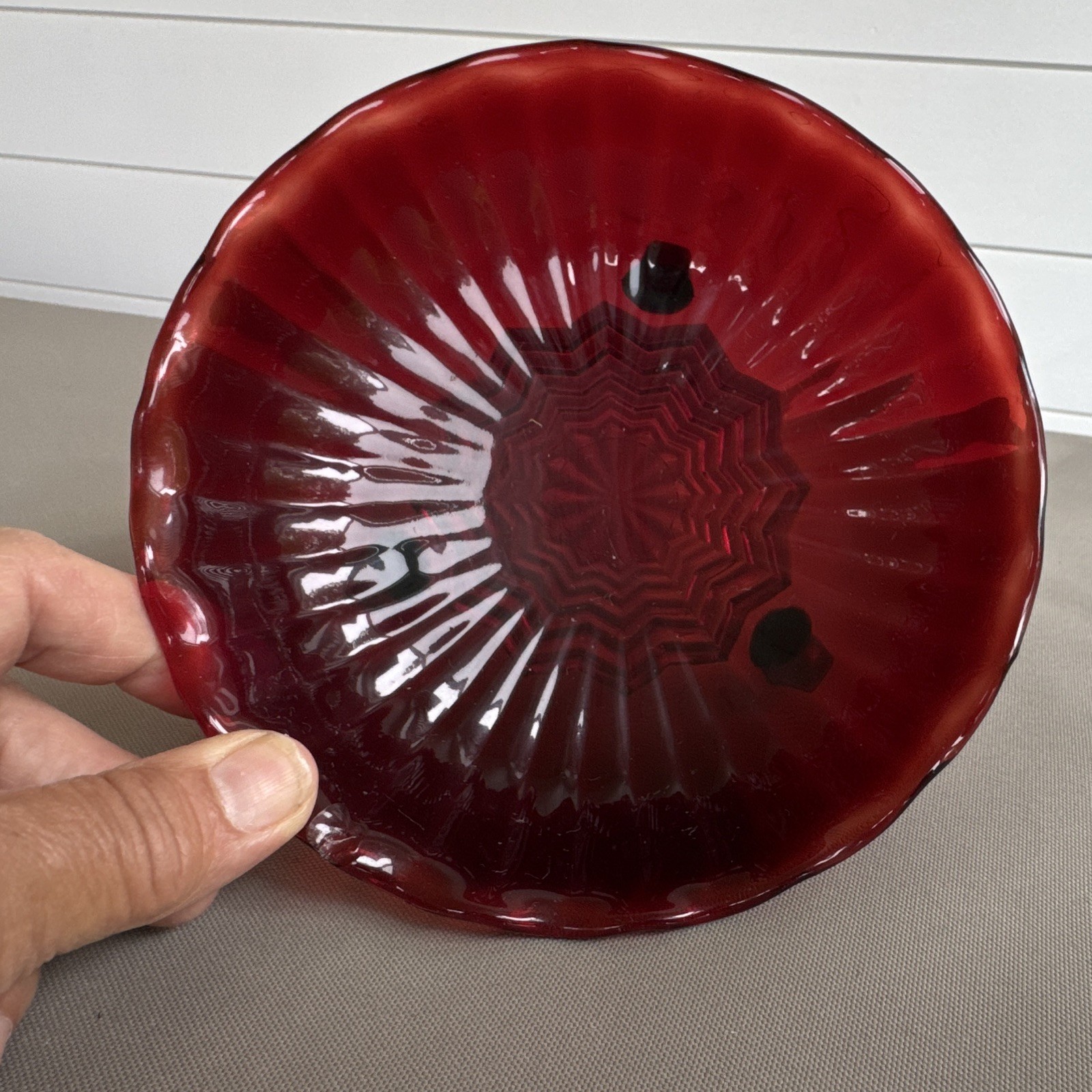 Vintage Red Glass Round Bowl with Legs
