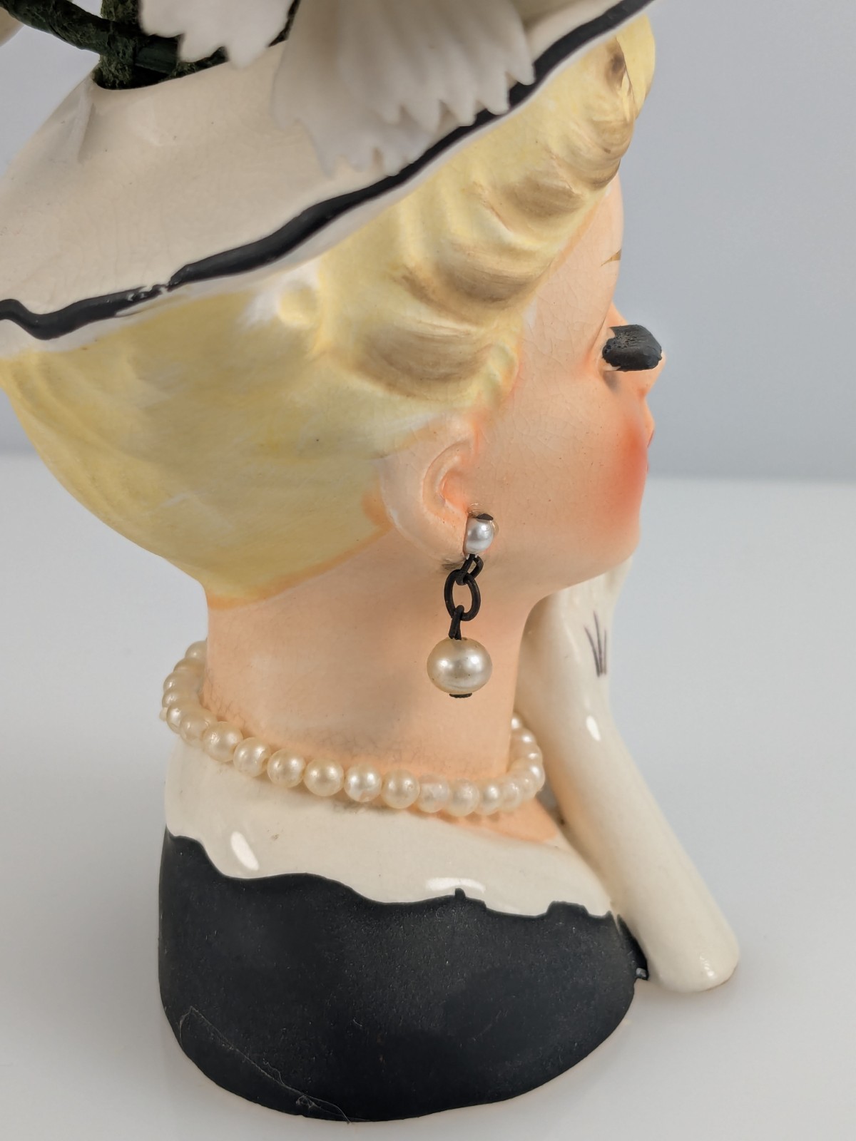 Vintage Lady Head Vase Hand Glove Lashes Original Plastic Flowers & Jewelry