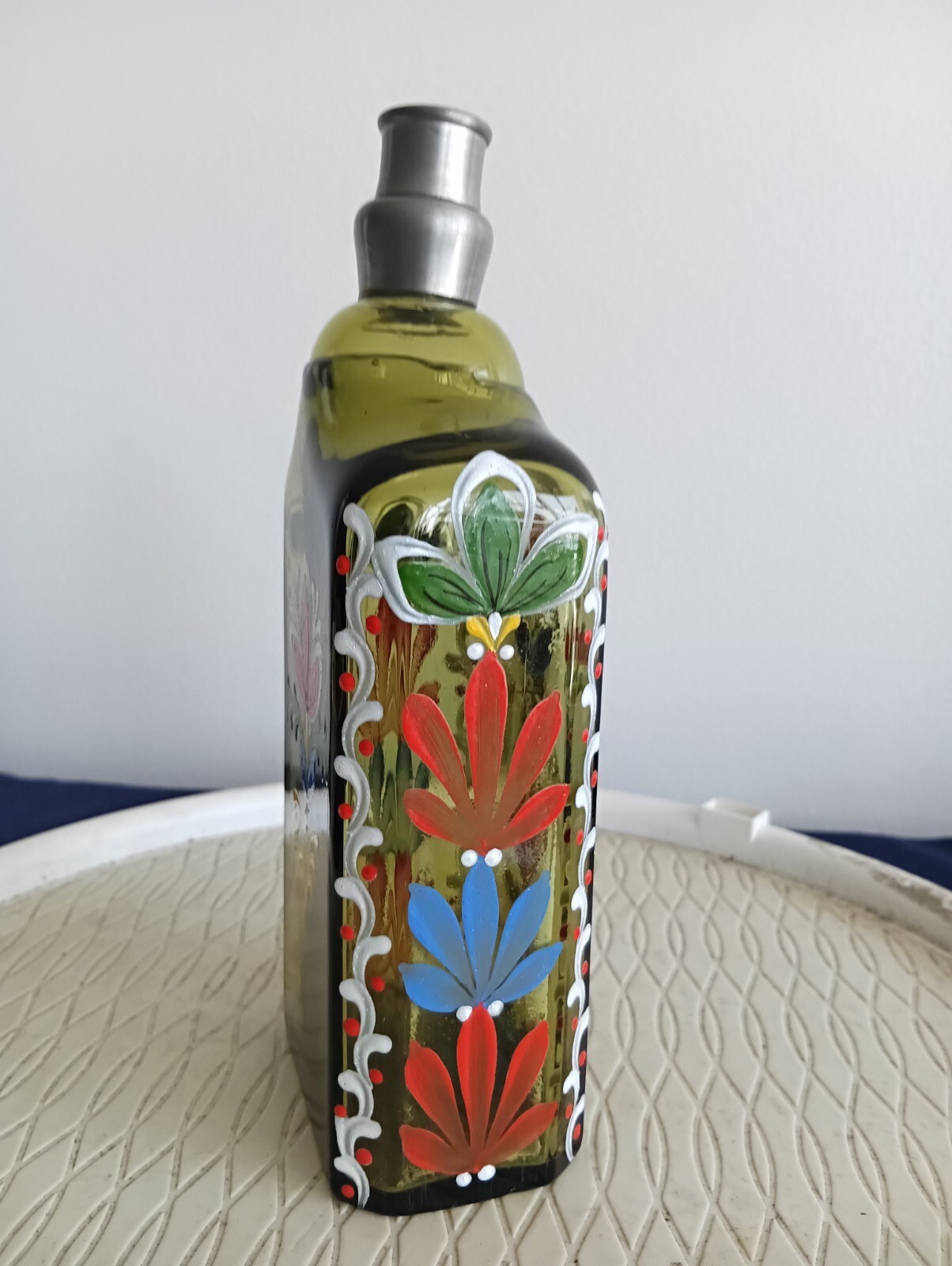Vintage Blown Green Glass Reproduction Hand Painted Enamel Bottle w/ Pewter Top