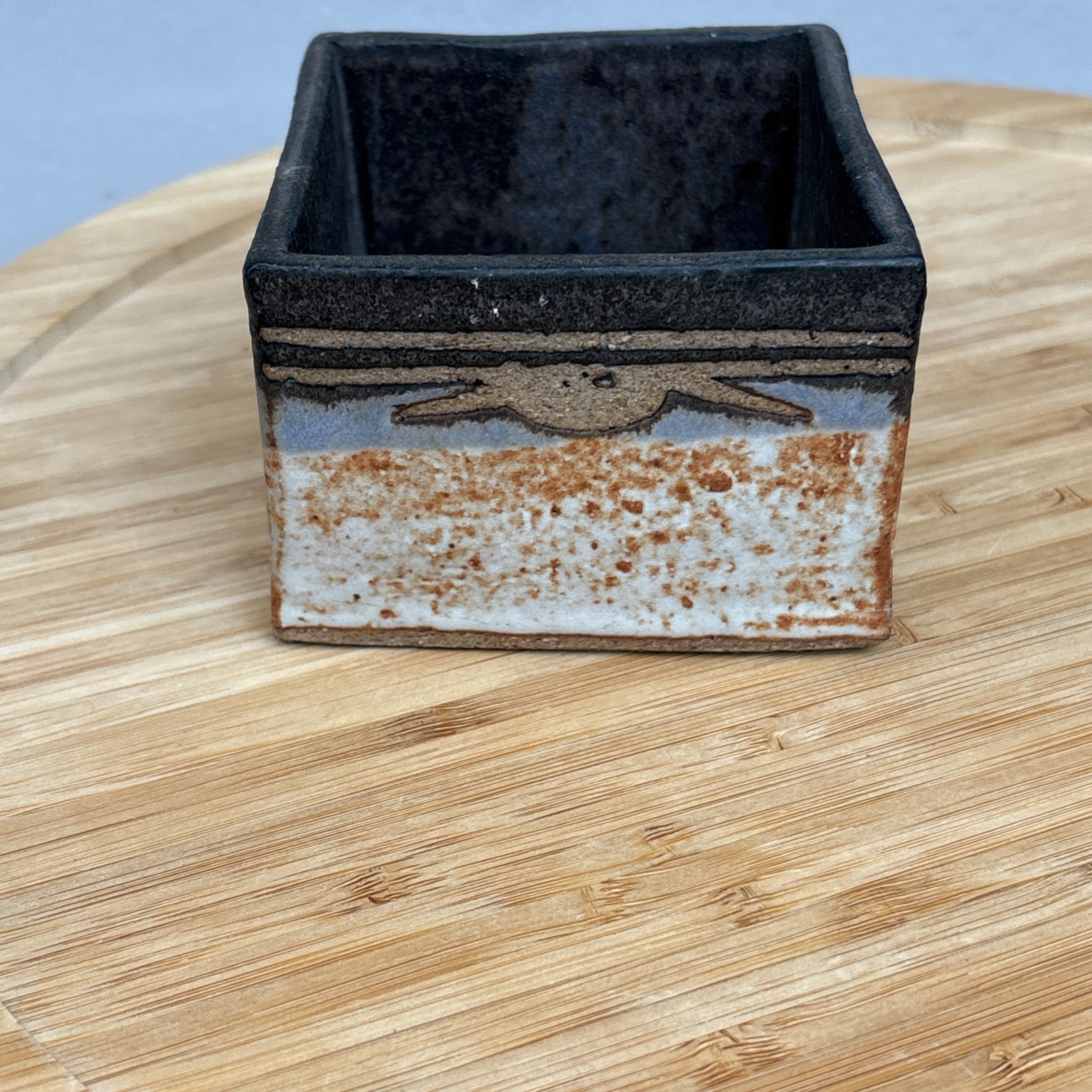Art Studio Small Stoneware Container 3″ Square Speckled Signed “RT”