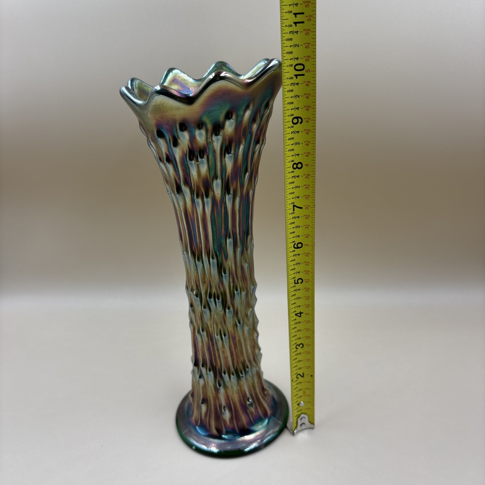 Fenton Green Carnival Glass Vase April Showers Vase 10″