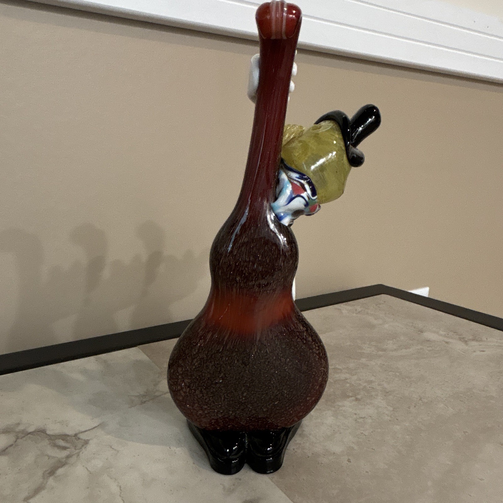 Unmarked Murano Art Glass Clown Figurine Playing Upright Bass, Glossy Multicolor