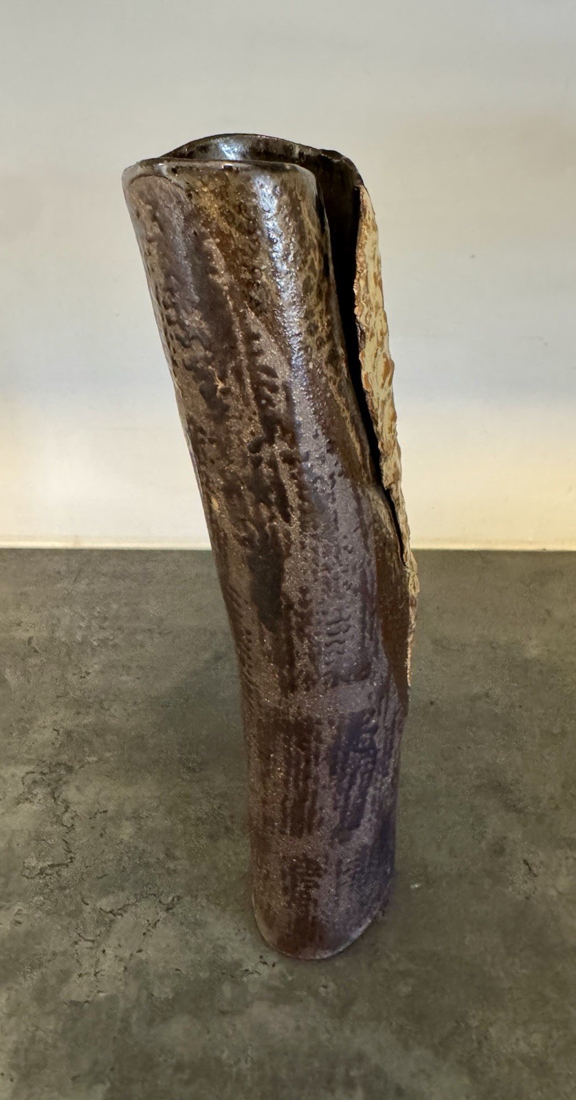 Large 16” Mid Century Brutalist Studio Art Pottery Scrolled Slab Vase