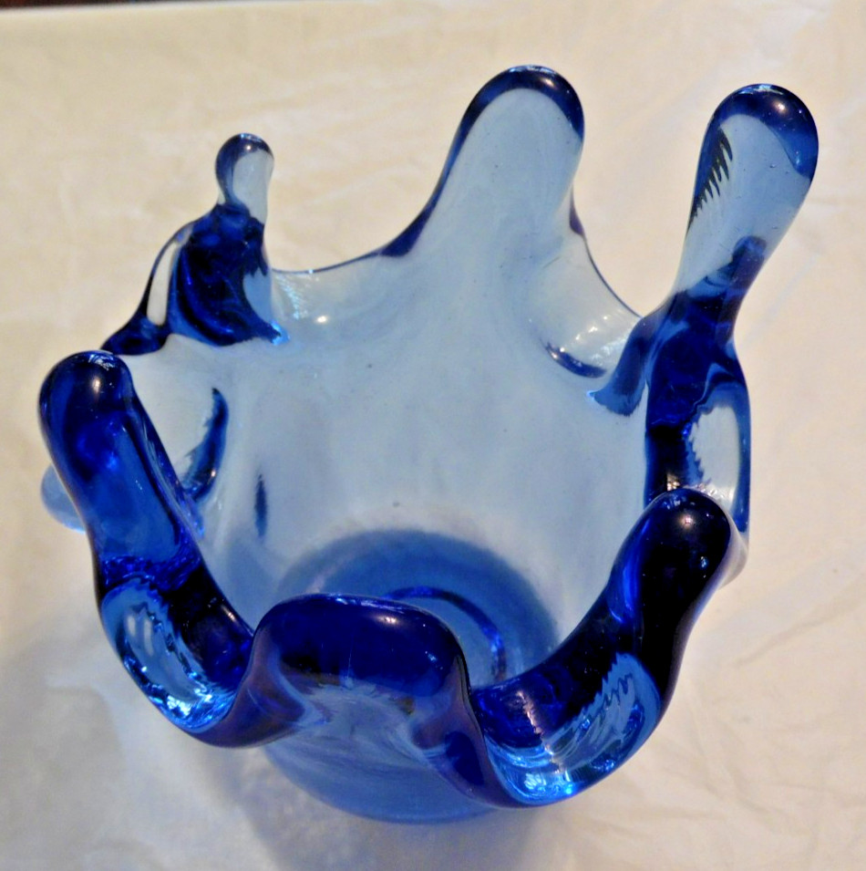 2 Signed Fire & Light Cobalt Blue Splash Votive Candle Holders Recycled Glass