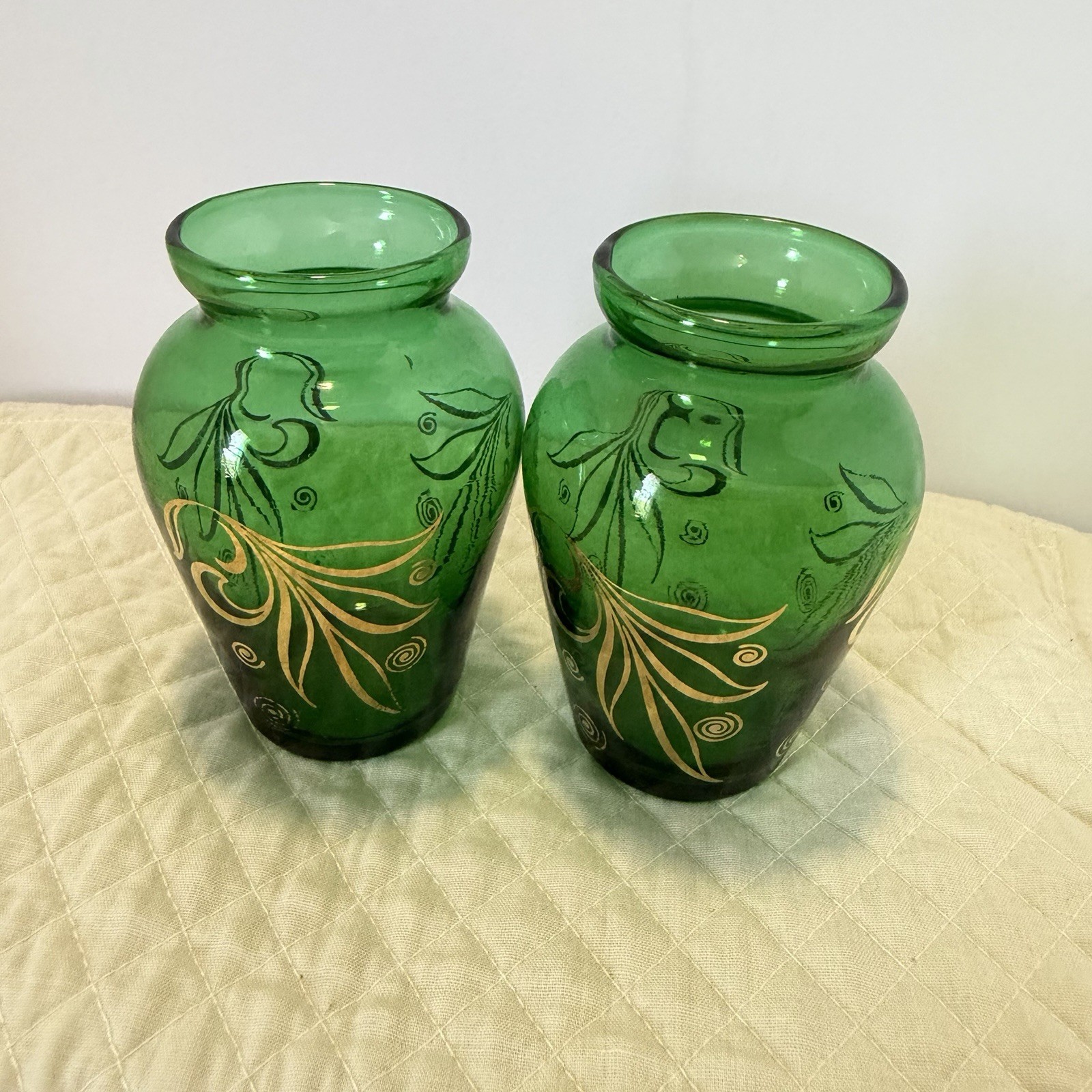 Anchor Hocking Emerald/Forest Green Pair Of Bud Vases with Gold Leaves 1950’s