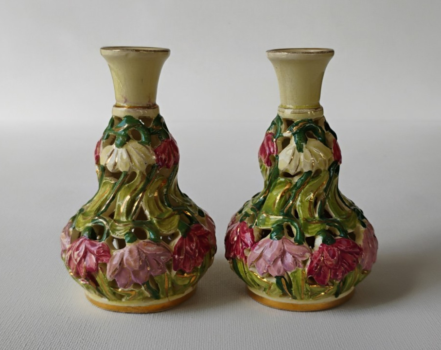 EMIL FISCHER BUDAPEST HUNGARY ANTIQUE PIERCED ART POTTERY VASES PAIR
