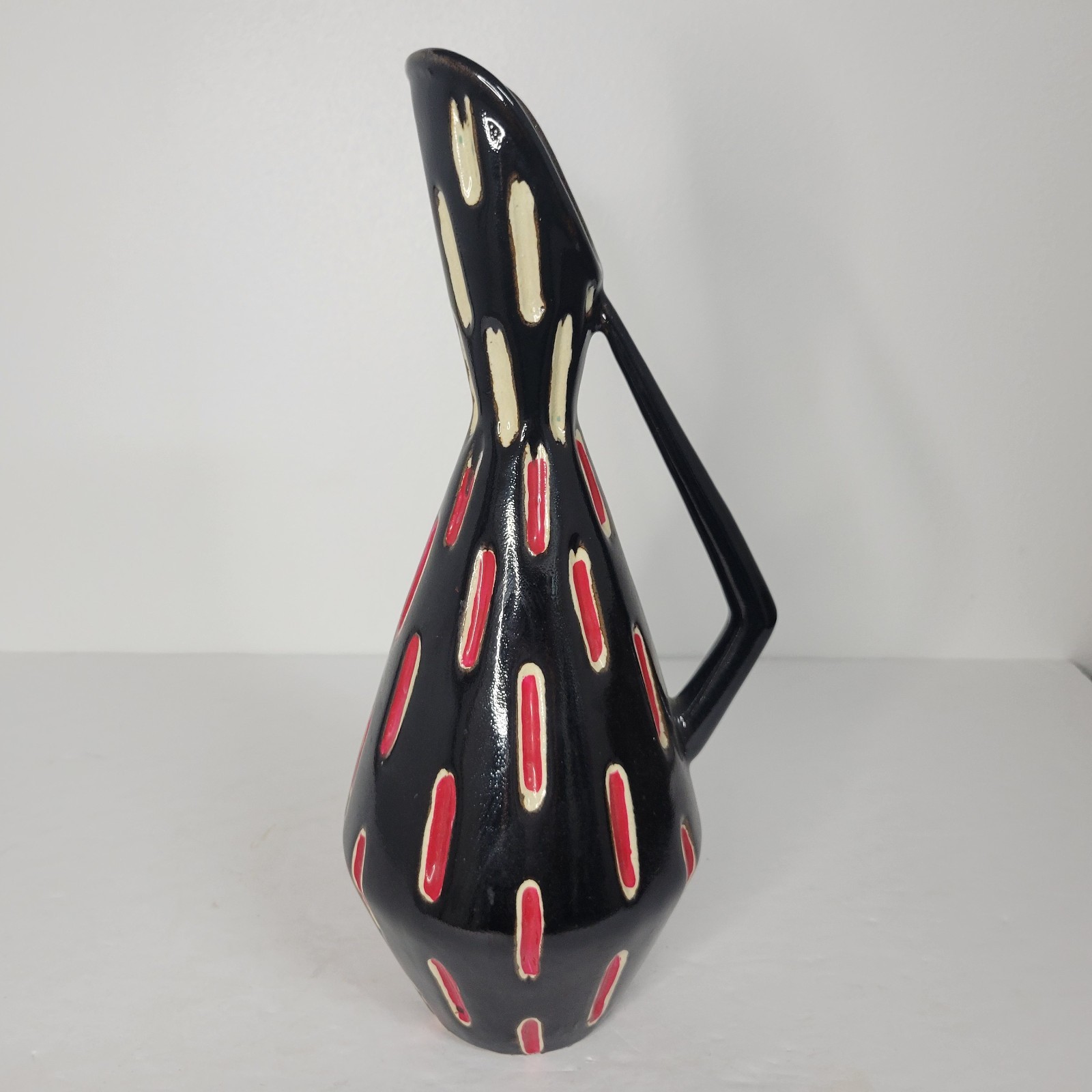 Vintage Black Red Geometric Drip Glazed Pottery Pitcher Vase Ewer MCM Signed