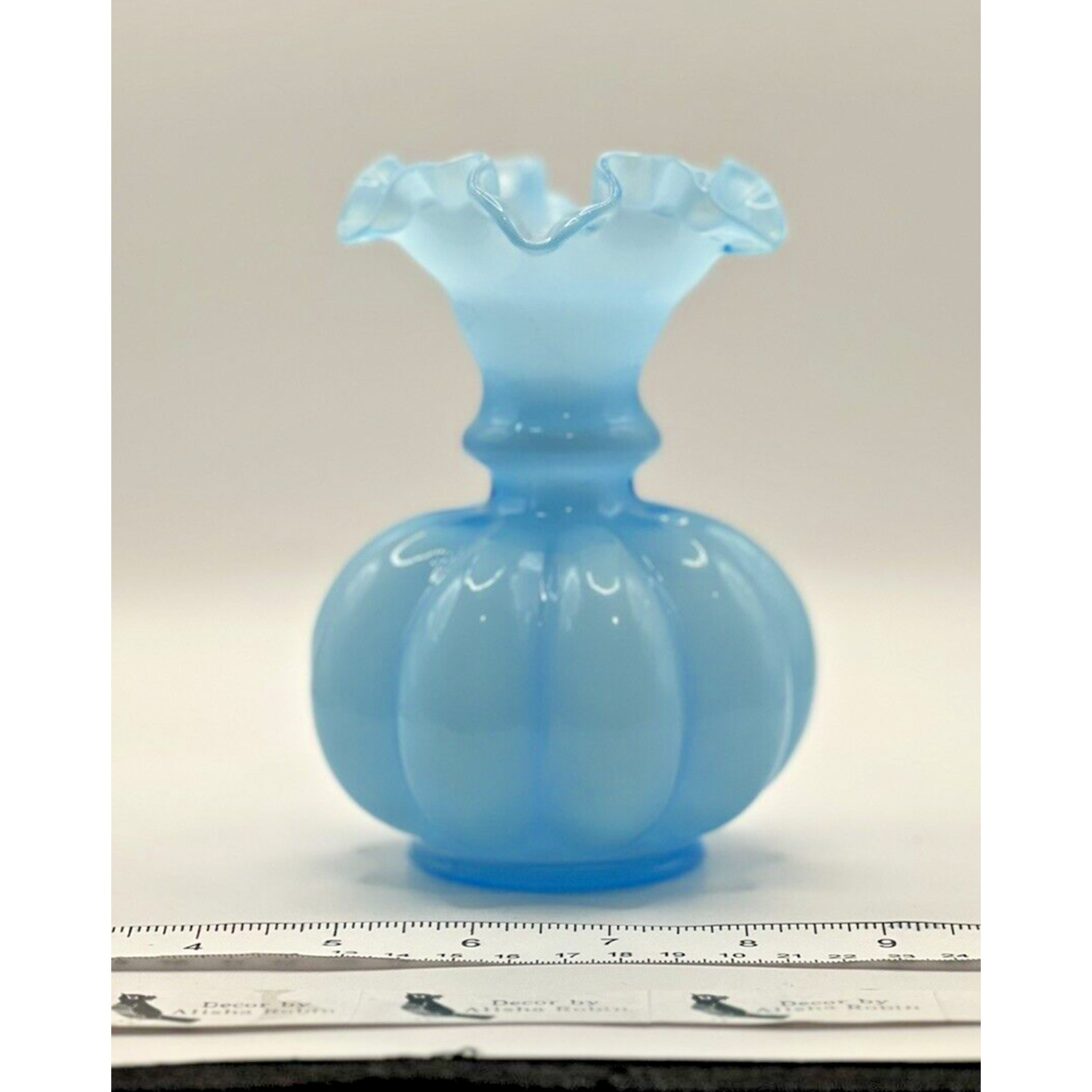 Fenton Light Aqua Blue Opaline Melon Bud Vase Ruffled Edge Vintage 6”