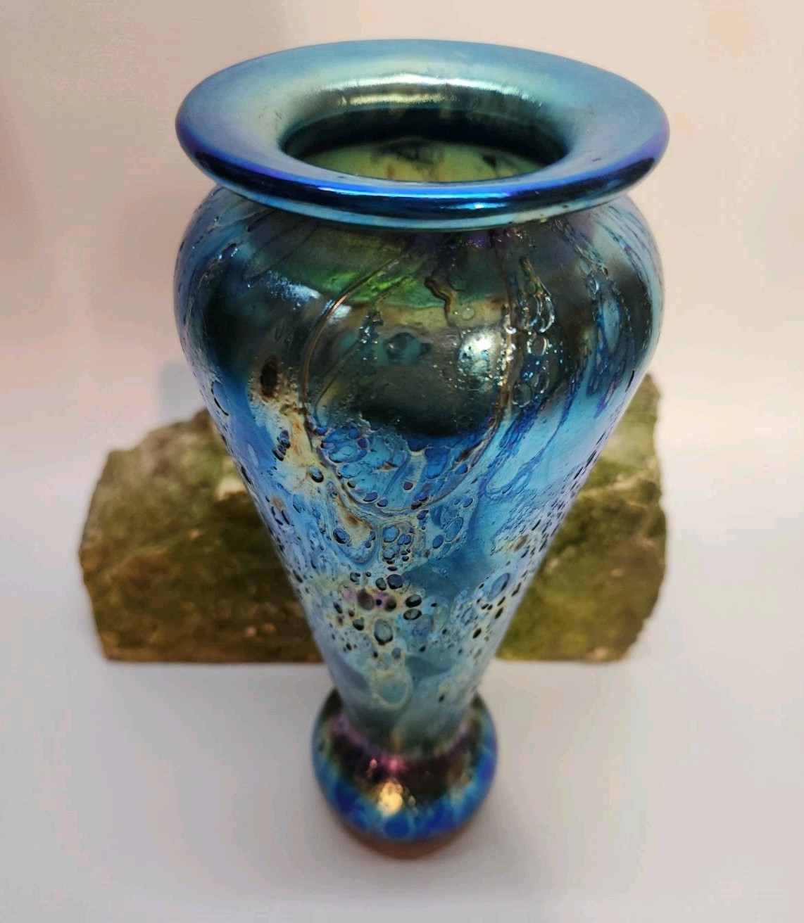 Oakbrook Esser | Blue Aurene Glass Vase Cypriot Finish | ’80s Mouth Blown Glass